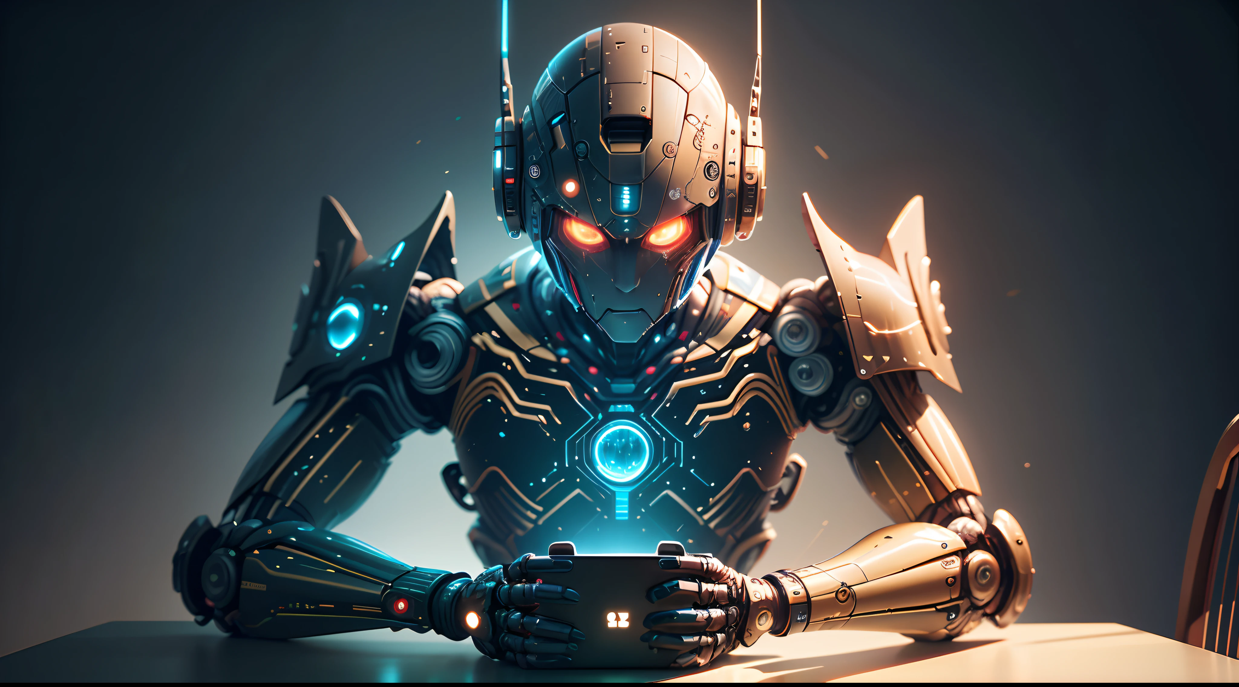 there is a robot sitting at a table with a laptop, friendly humanoid cyber robot, ciborgues trabalhando, 8 k cg render, renderizado no Unreal Engine 5, the golden humanoid robot, close-up of a robot sitting down, Feito em Unreal Engine 5, Criado em Unreal Engine 5, the most advanced humanoid robot, portrait of a futuristic robot