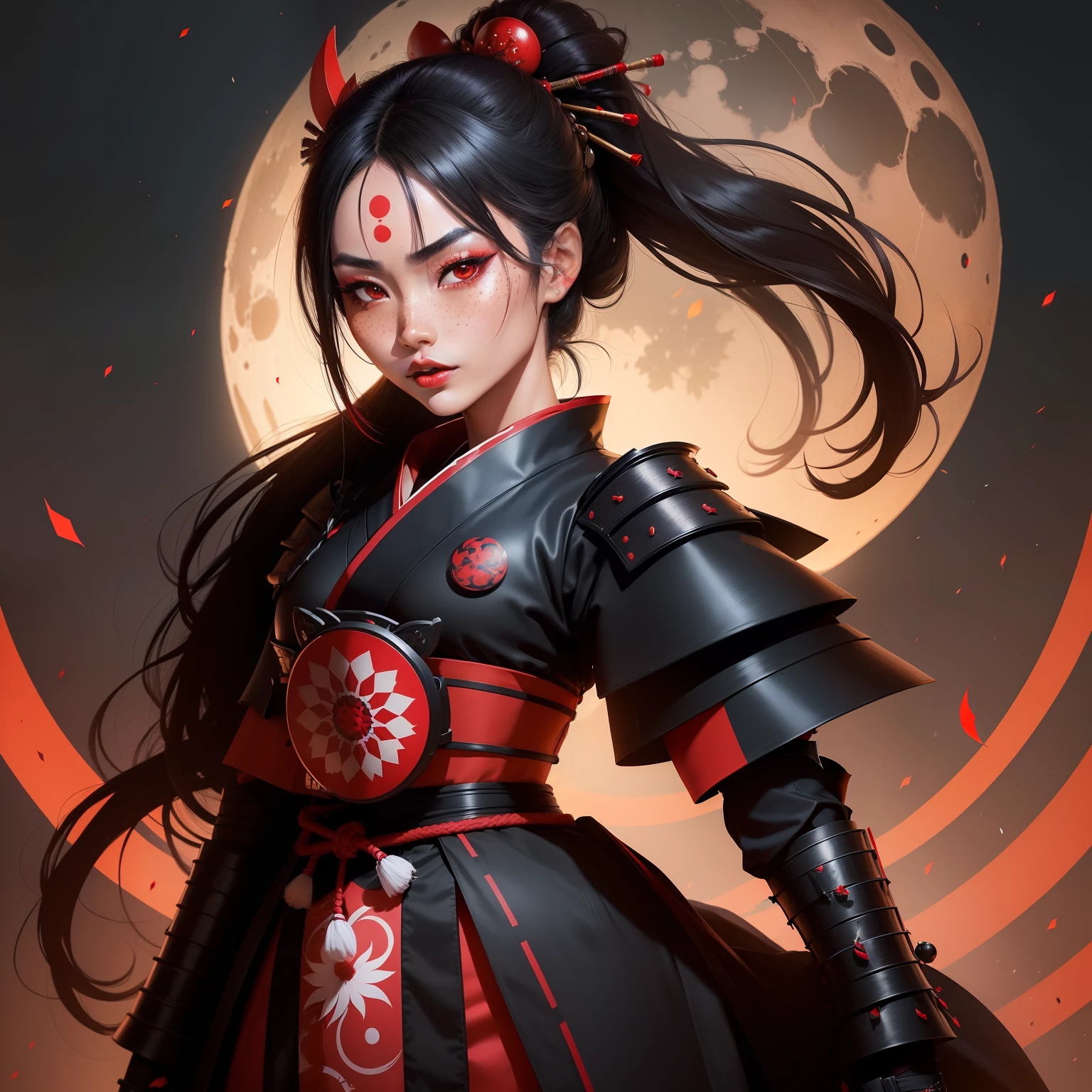 Female samurai warrior, jet black hair, dark skinned tanned, red black, bright moon, freckles on the face, red lipstick, full body, no extra hair, diamond shaped face, cover top, black eyeballs, geisha warrior, brown tan skinned, sexy hair style, extravagant outfit