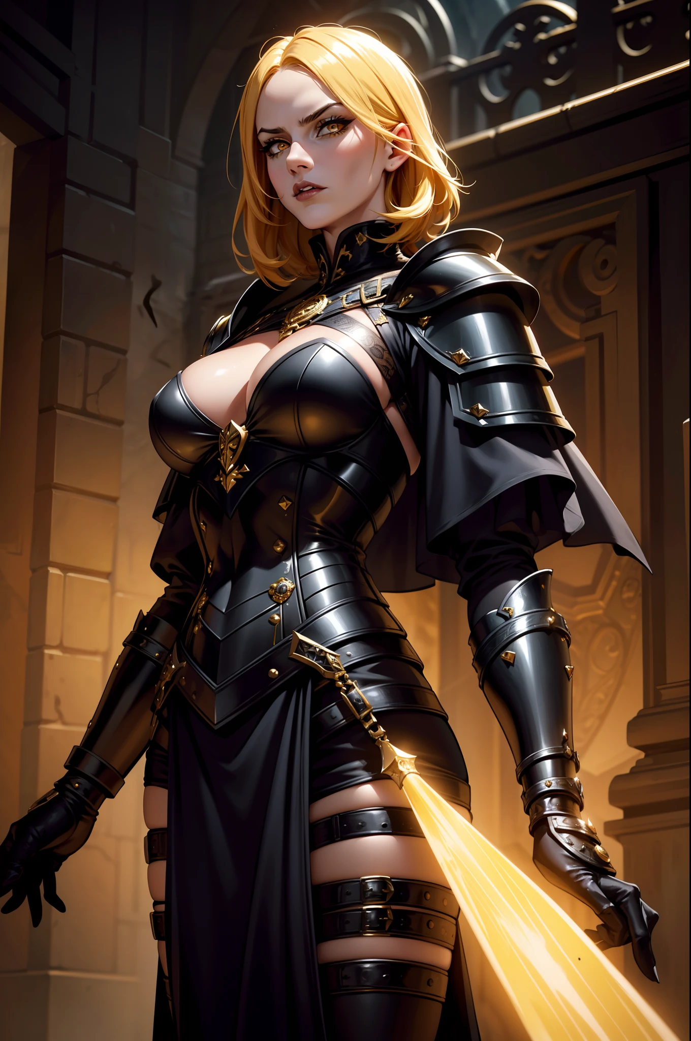 An adult female warrior character wearing a very detailed and beautiful Gothic armor. Her hair has a short cut and a golden color. Around her a legion of warriors in ranks begins the journey to war. O uso do mando a destaca dos demais, the color of the eyes is yellow, Magnificent, 8k, dramatic scene, eclipse, Gothic clothes in black and gold color. Magia, mundo sendo invadido, castelo medieval, facial expression of hatred armor very well detailed golden-eyed vampire, vampira