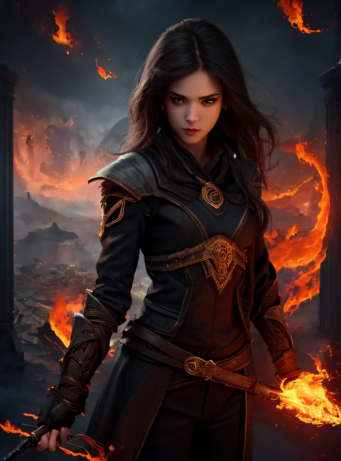 1girl,solo,masterpiece, best quality,fantasy,dark,shadow,
face is important,boy is important,eyes are important,rThe character is the main body of the work,(upper body),
flames,ruins, swirling magic,