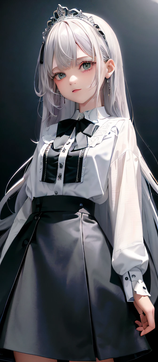 1girll, (Masterpiece:1.1), (Best quality:1.1), (White blouse:1.1), (checkered skirt:1.1), school uniform, high waisted skirt, Break [Blue:Pink:0.5] Theme, (Gradient background:1.1), Cowboy shot, Break Silver Hair, Long hair, , Green eyes, intricate detailed tiara, Looks to the side,