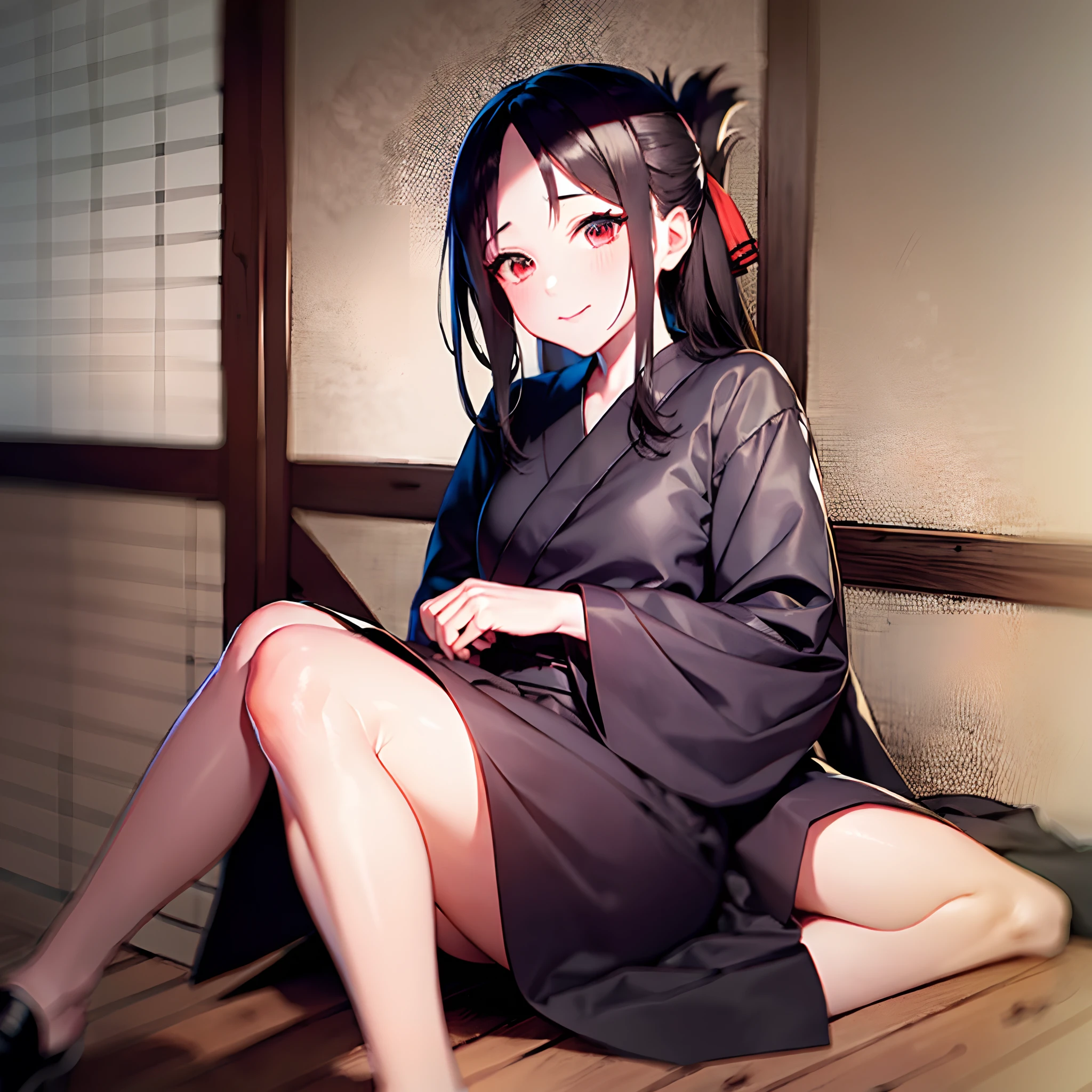 1girl, kaguya shinomiya,  large hair, crossed legs,black kimono