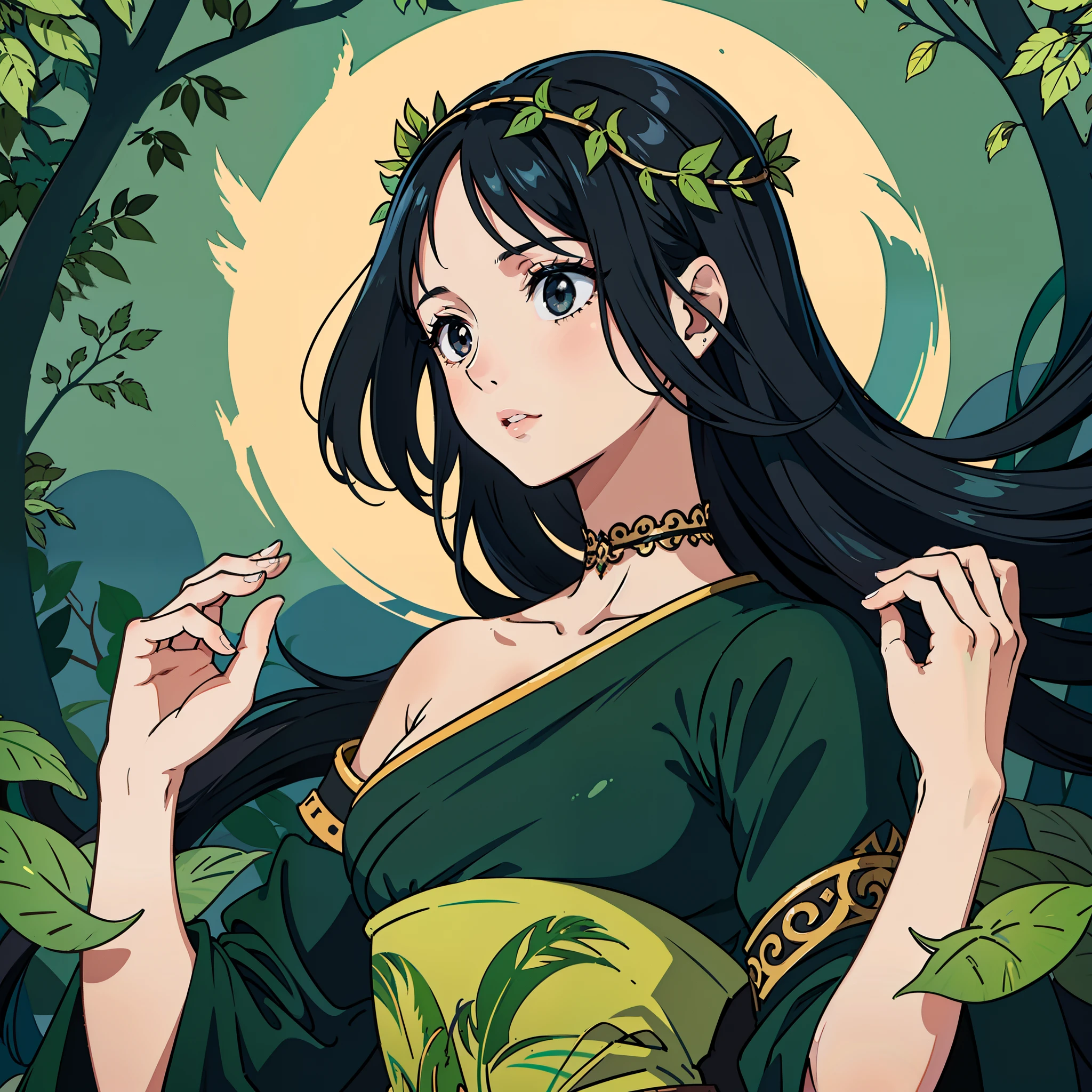 1girl, goddess, goddess of nature, beautiful, black hair, long hair, black eyes, floating hair, sexy, full of nature, nature dress, green leaves, vines, upper body, close up, masterpiece, best quality, high detailed illustration