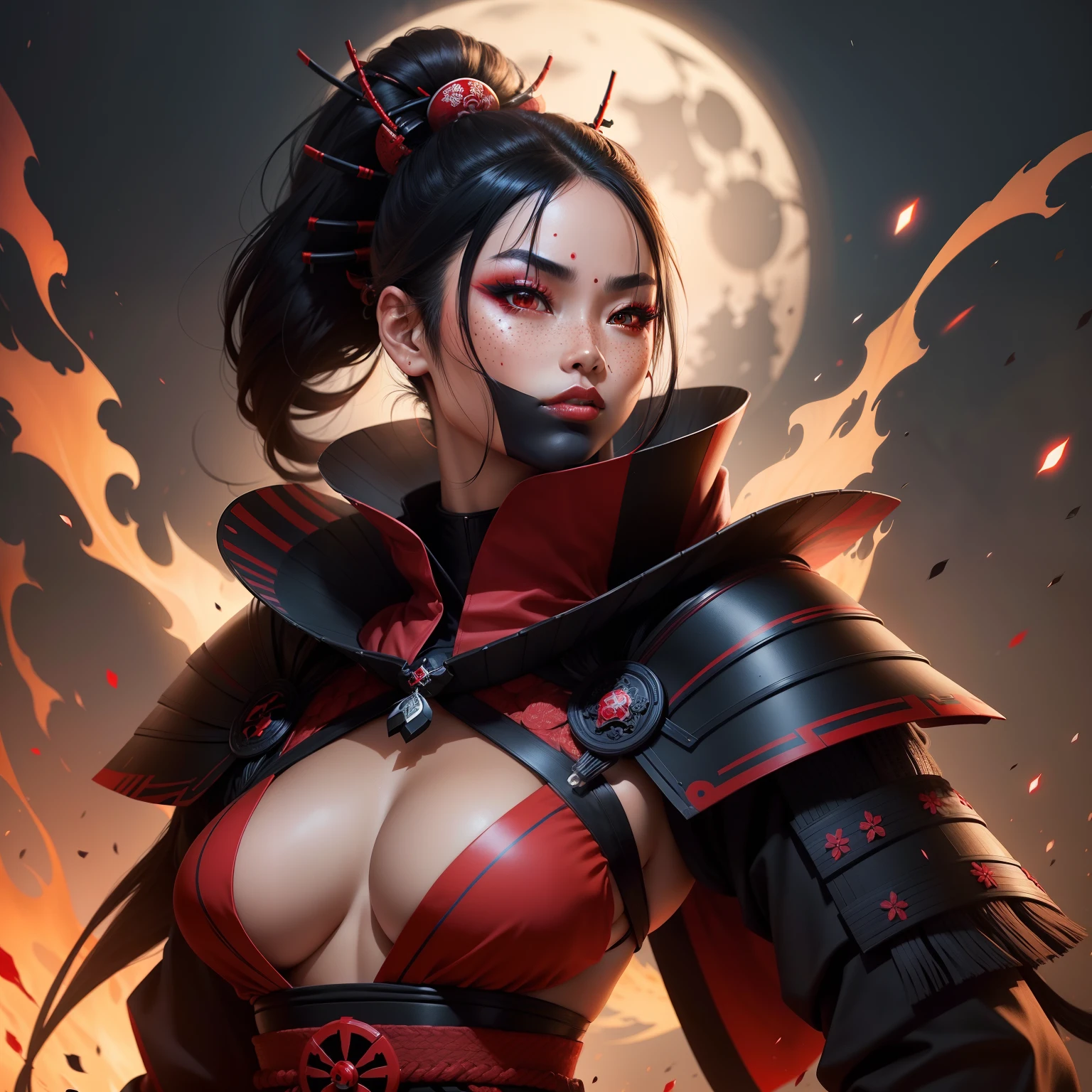 Female samurai warrior, jet black hair, dark skinned tanned, red black, bright moon, freckles on the face, red lipstick, full body, no extra hair, diamond shaped face, cover top, black eyeballs, geisha warrior, brown tan skinned, sexy hair style, extravagant outfit