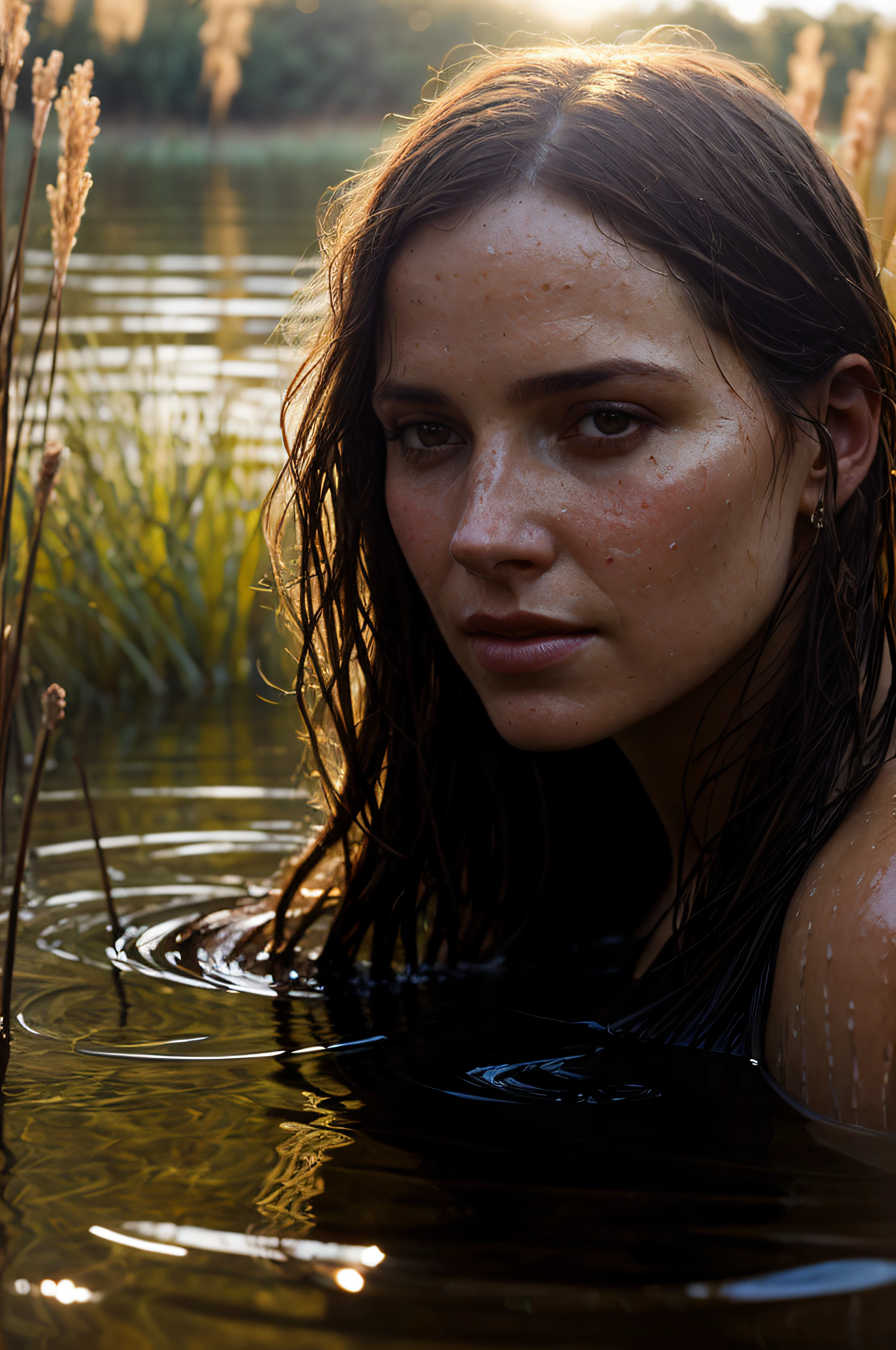 close-up portrait of a beautiful woman bathing in a river, reeds, (backlight), realistic, masterpiece, high quality, lens reflection, shadow, flower, [[chromatic aberration]], by Jeremy Lipking, by Antonio J. Manzanedo, digital painting,