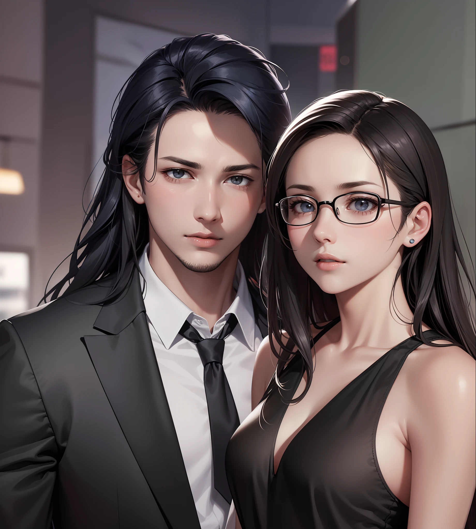 2 people, woman and man, Attractive profile picture, masterpiece, ultra-precise rendering, beautiful and cool young woman, trustworthy, dependable young woman, savior of the world, simple design, most beautiful image, 4K, beautiful woman black hair, handsome man,