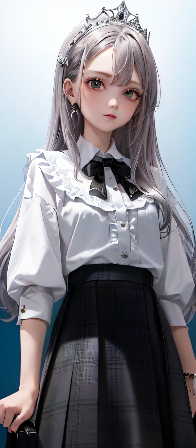 cute face,  ((masterpiece, Highest quality)), (One girl), (alone), (Focus on women), (Ahoge, Gray Hair, Very long hair), Golden Eyes, A light smile, Open your mouth, ((White shirt), (Buttoned shirt), (Button gap)), ((Black Skirt), (Short skirt)), Are standing, White Background, Put your arms behind your back, Dynamic Angle,