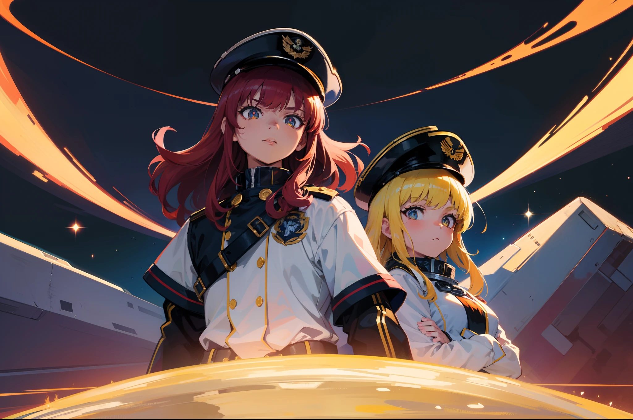 red long curly hair，middle aged women，With a captain's hat，Yellow pupil，White combat uniform，The background is the universe，The location is on the space station， outrun art style, in the art style of 8 0 s anime，morningglow，