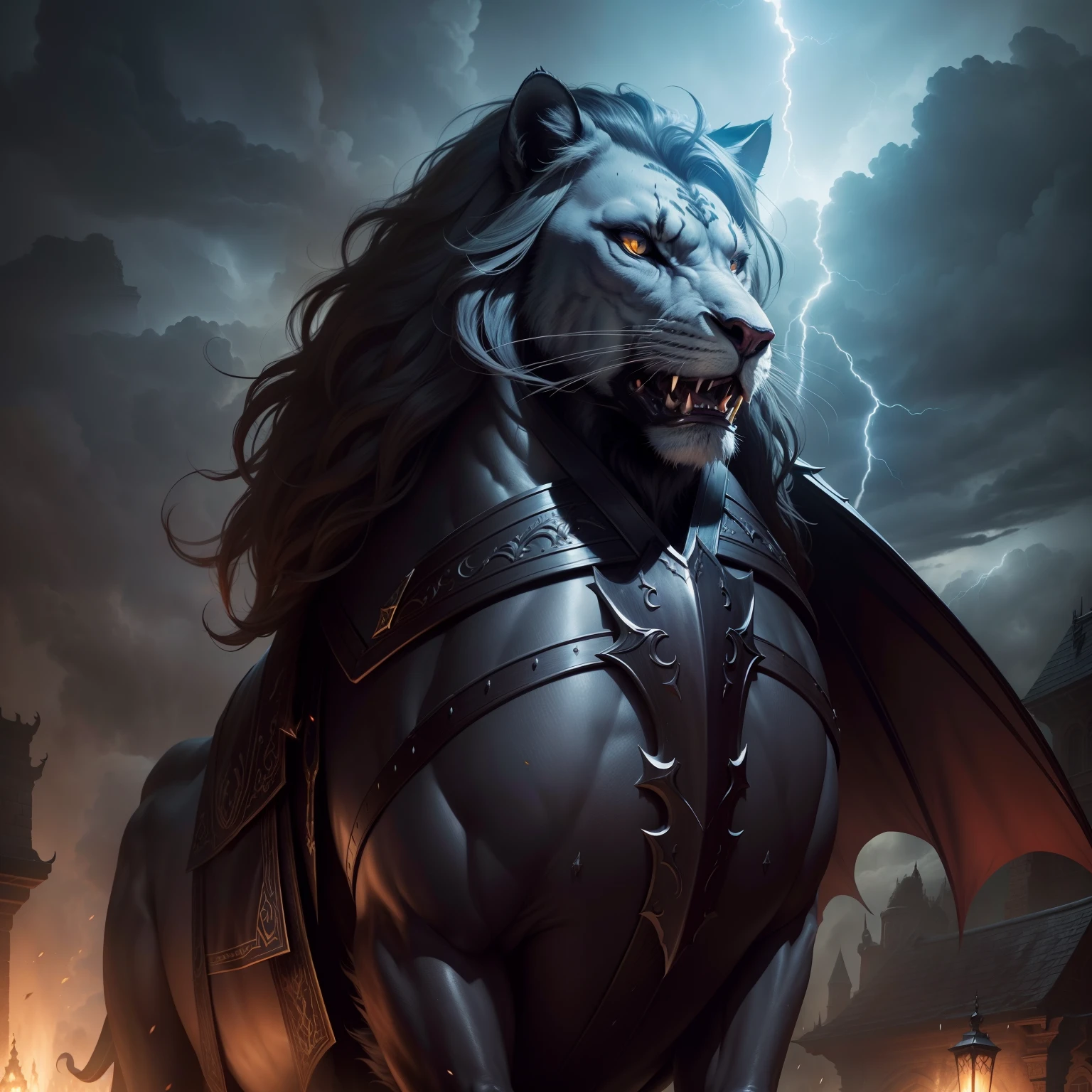 Castlevania Lord of the shadows hyper realistic lord Dracula hyper realistic super detailed riding great Legendary roaring lion with thunder storm environnement hyper realistic face