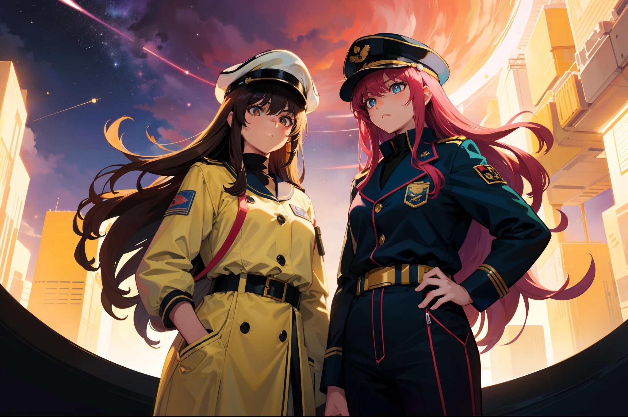 red long curly hair，middle aged women，With a captain's hat，Yellow pupil，White combat uniform，The background is the universe，The location is on the space station， outrun art style, in the art style of 8 0 s anime，morningglow，