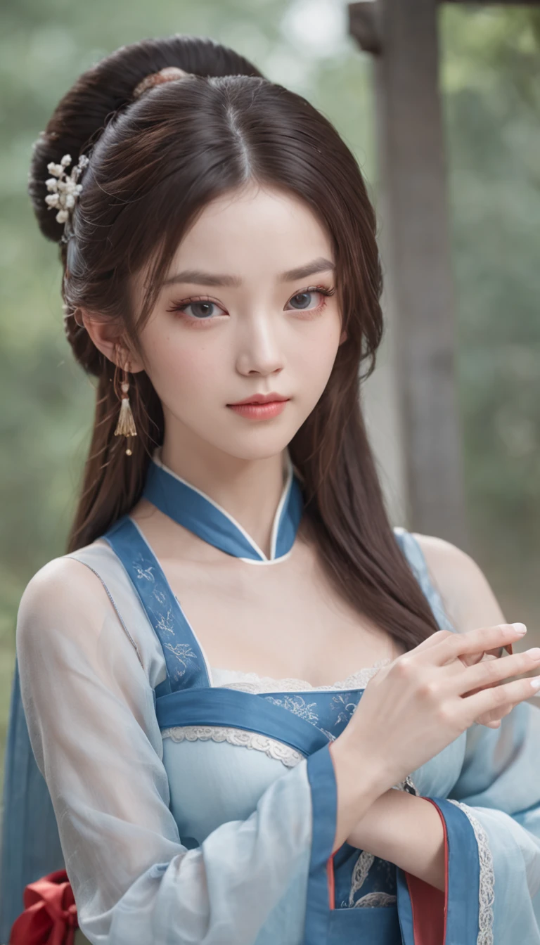 1 beautiful and cute reality show girl, Gentle young girl, Waist length hair, cabelos preto e longos,Slightly blue, Light blue eyes, wearing a long, Thin, a blue dress,Hanfu style, ((a blue dress,White lace border covers the girl's:0.8)), Style Hanfu, Wearing an ancient Chinese silk shirt, Pink and smooth white skin, Dressed in low-key antiques, Oday, appears shoulders and head in the photo,Cute little face, Eye bags under wet makeup, Plump red lips, Pout, ((Closed mouth:1.0)), Balance incisors, Embarrassed, Small face makeup explained,Tremendously beautiful, Breasts are super round and firm, Breasts are plump,A plump chest, Blum chest cabinet, ((Cover the girl's chest with a camisole inside:1.2)), Blush, From the front side, Wear earrings, choker necklace, From above, view the viewer, Upturned eyes, Masterpiece, Top quality, Best quality, offcial art, Unity 8k wallpaper, A high resolution, Ultra-high RES, Ultra-detailed, (Photorealistic:1.2), Alone, Solo, only 1girl, Style Hanfu Dunhuang, 10x pixel, Super realistic, Ultra high quality, Full body view of girl, Seven-doppelganger shot,