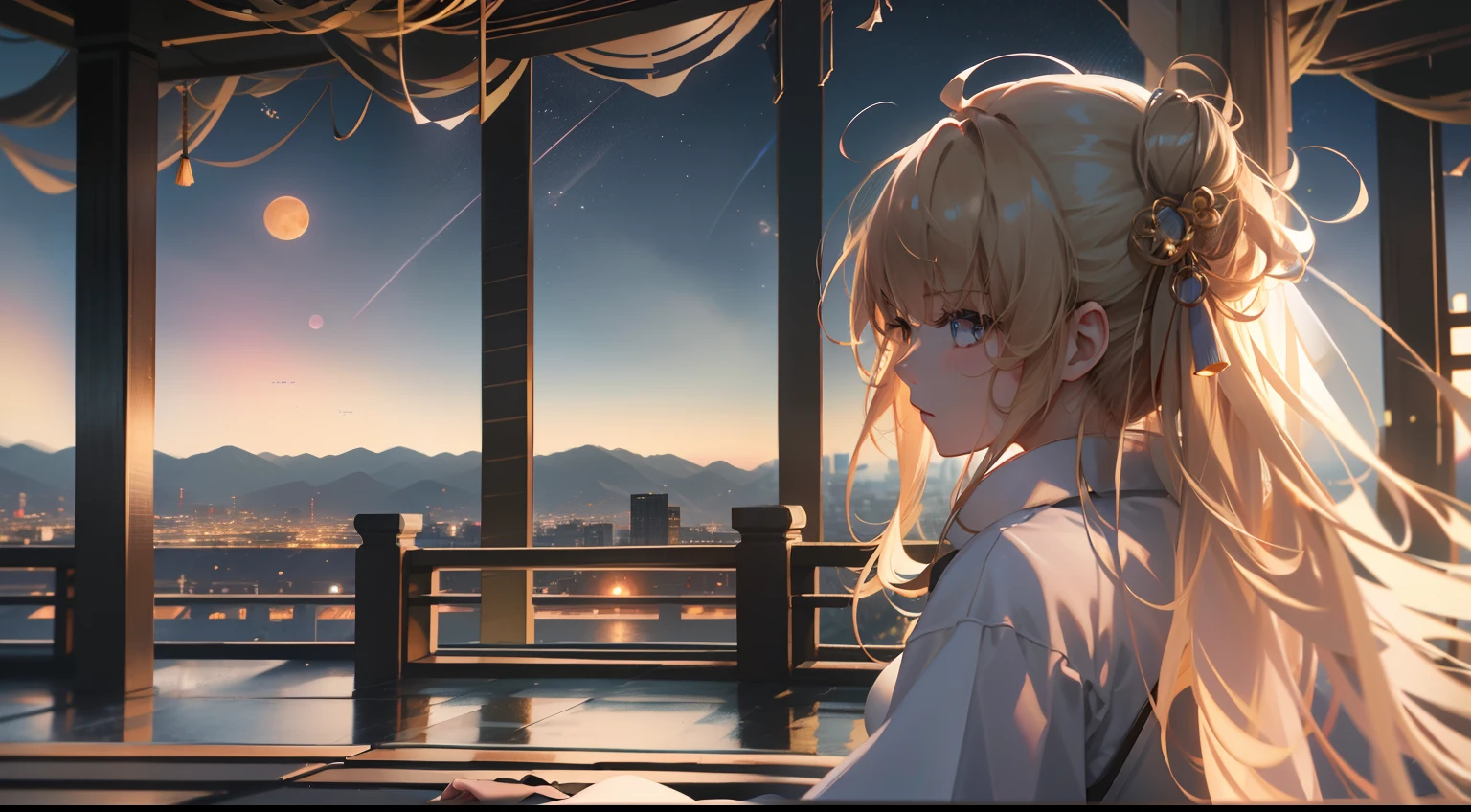 1 Close-up of the girl's back in Hanfu，sitting on rooftop，looking over city，the night，starrysky， Orange moon，moonlight illumination，in a panoramic view， horizon， the roof， sitting on rooftop，Autumn wind，Hair is floating in the wind，super wide shot，misterious，offcial art、epic landscapes、Soft lighting，tmasterpiece、high high quality、high detal、globalillumination、unreal engine rendered，Octane rendering，（hdr：1.3），realisticlying，Very realistic，16k,