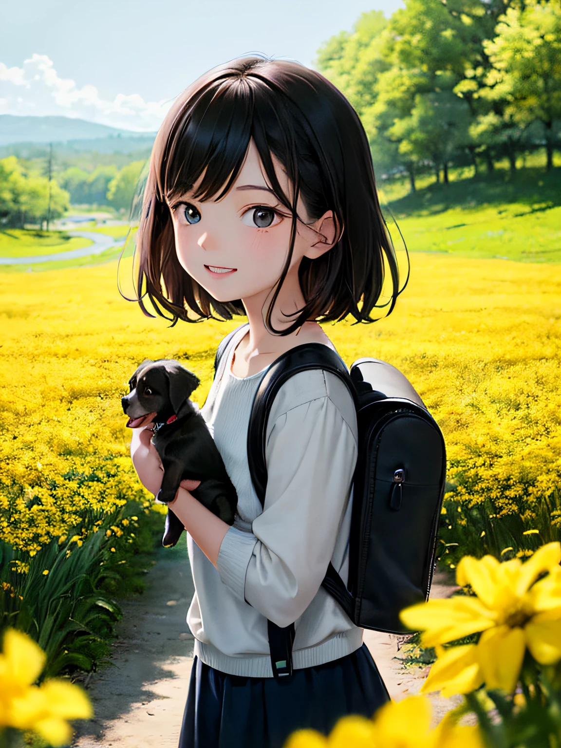 Tip: A very charming little girl with a backpack and her adorable puppy enjoying a lovely spring outing surrounded by beautiful yellow flowers and nature. The illustration is a high-definition illustration in 4K resolution with highly detailed facial features and cartoon-style visuals.