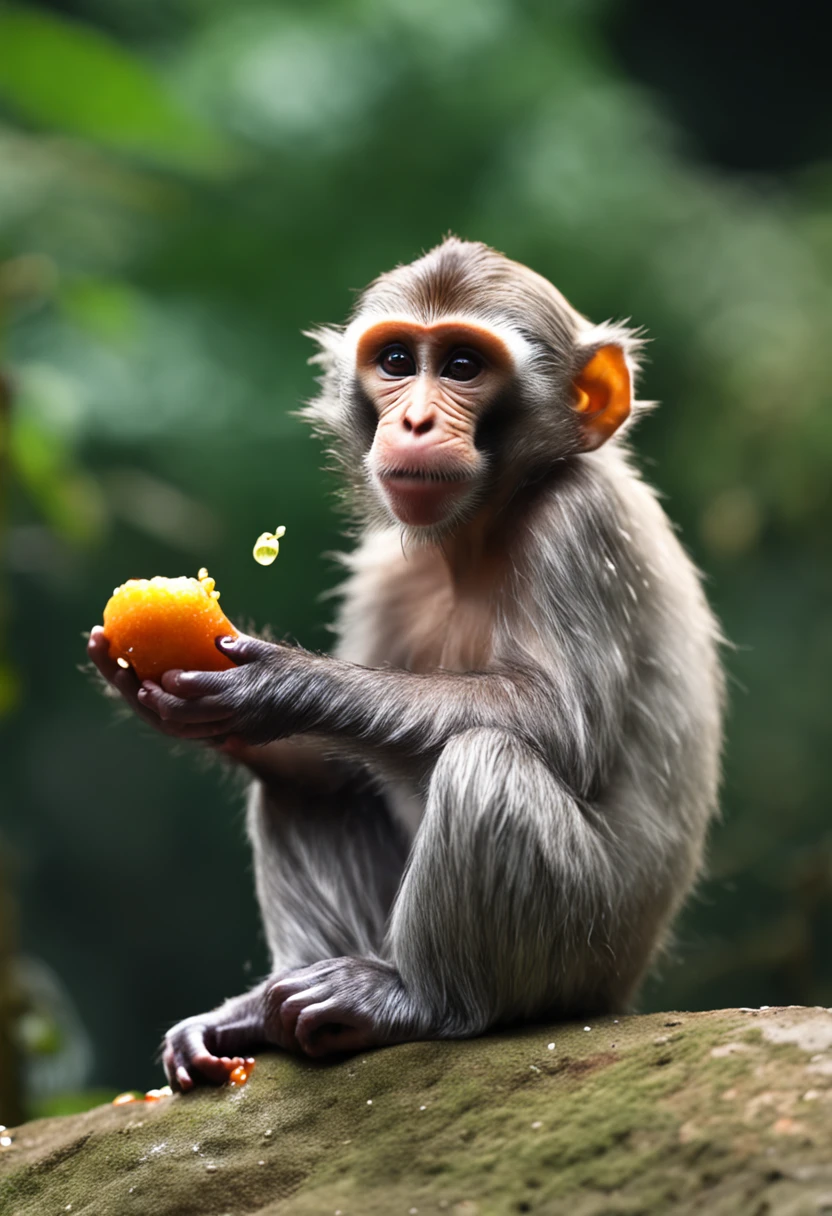 A monkey eating blackberries during a water fight with a penguin