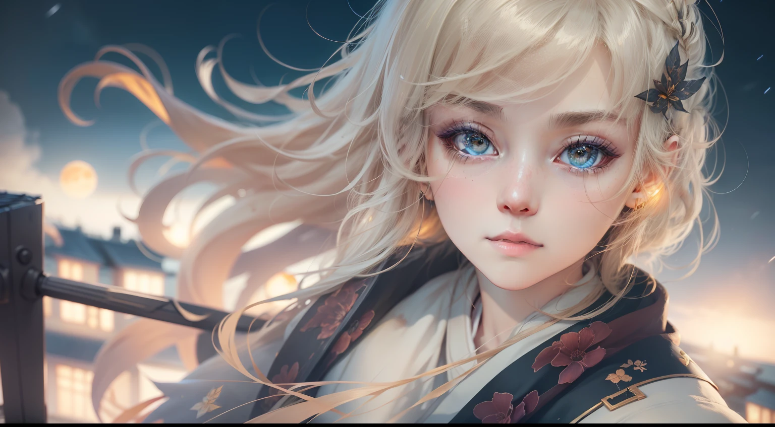 1 Close-up of a girl in Hanfu,sitting on rooftop,Overlooking the city,the night,starrysky, Orange moon,moonlight illumination,in a panoramic view, horizon, the roof, sitting on rooftop,Autumn wind,Hair is floating in the wind,super wide shot,misterious,offcial art、epic landscapes、Soft lighting,tmasterpiece、high high quality、high detal、globalillumination、unreal engine rendered,Octane rendering,(hdr:1.3),realisticlying,Very realistic,16k,