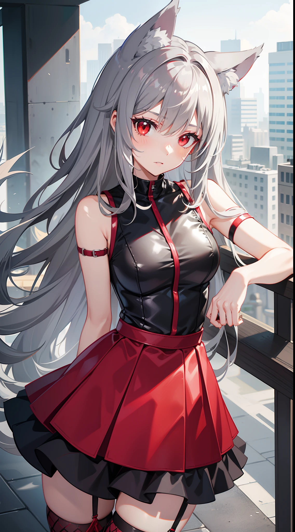 adult girl, Gray hair of medium length, red eyes, wolf ears, Red tight top, Sleeveless, fishnet tights, leather skirt, Masterpiece, hiquality
