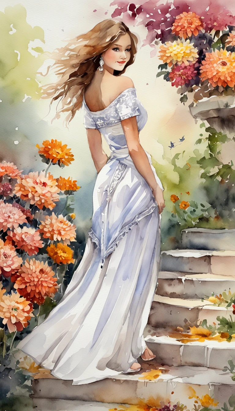 chrysanthemums,autumnal,The back of a beautiful woman,long skirt