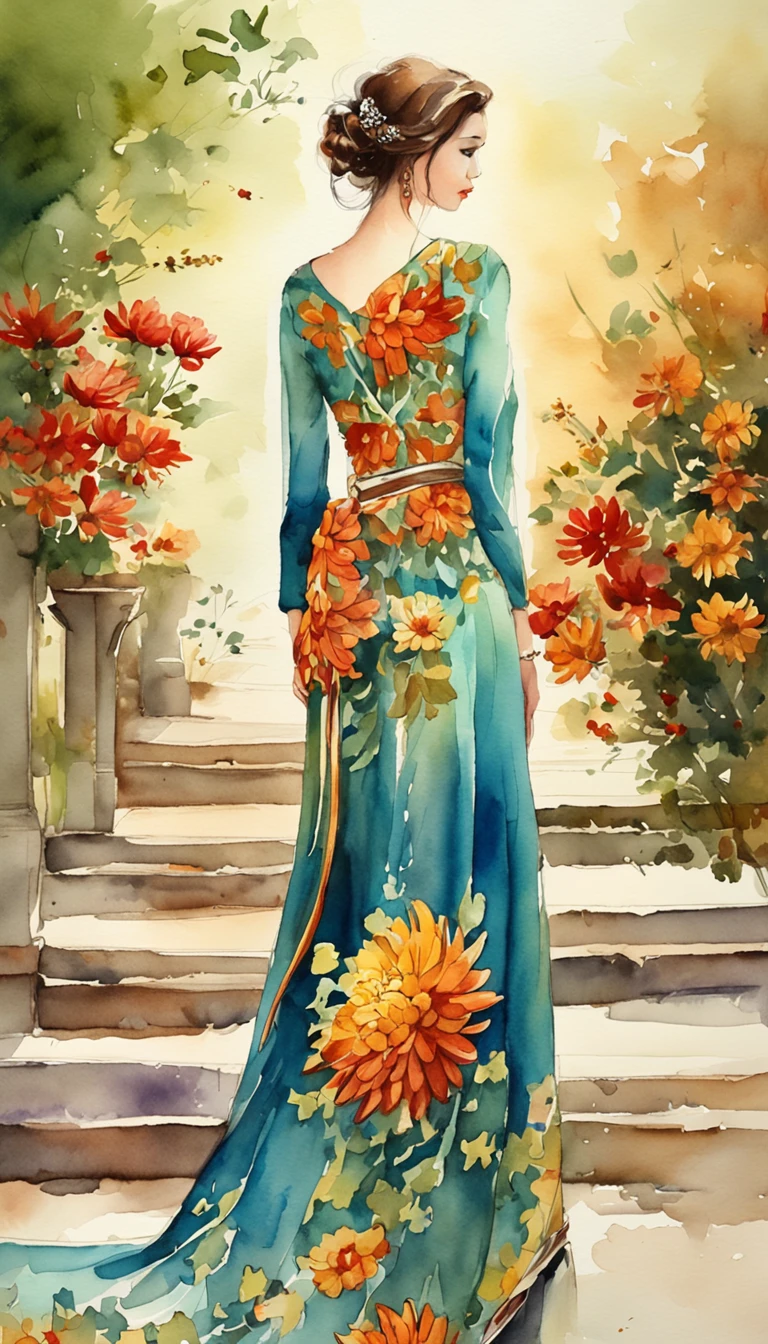 chrysanthemums,autumnal,The back of a beautiful woman,long skirt