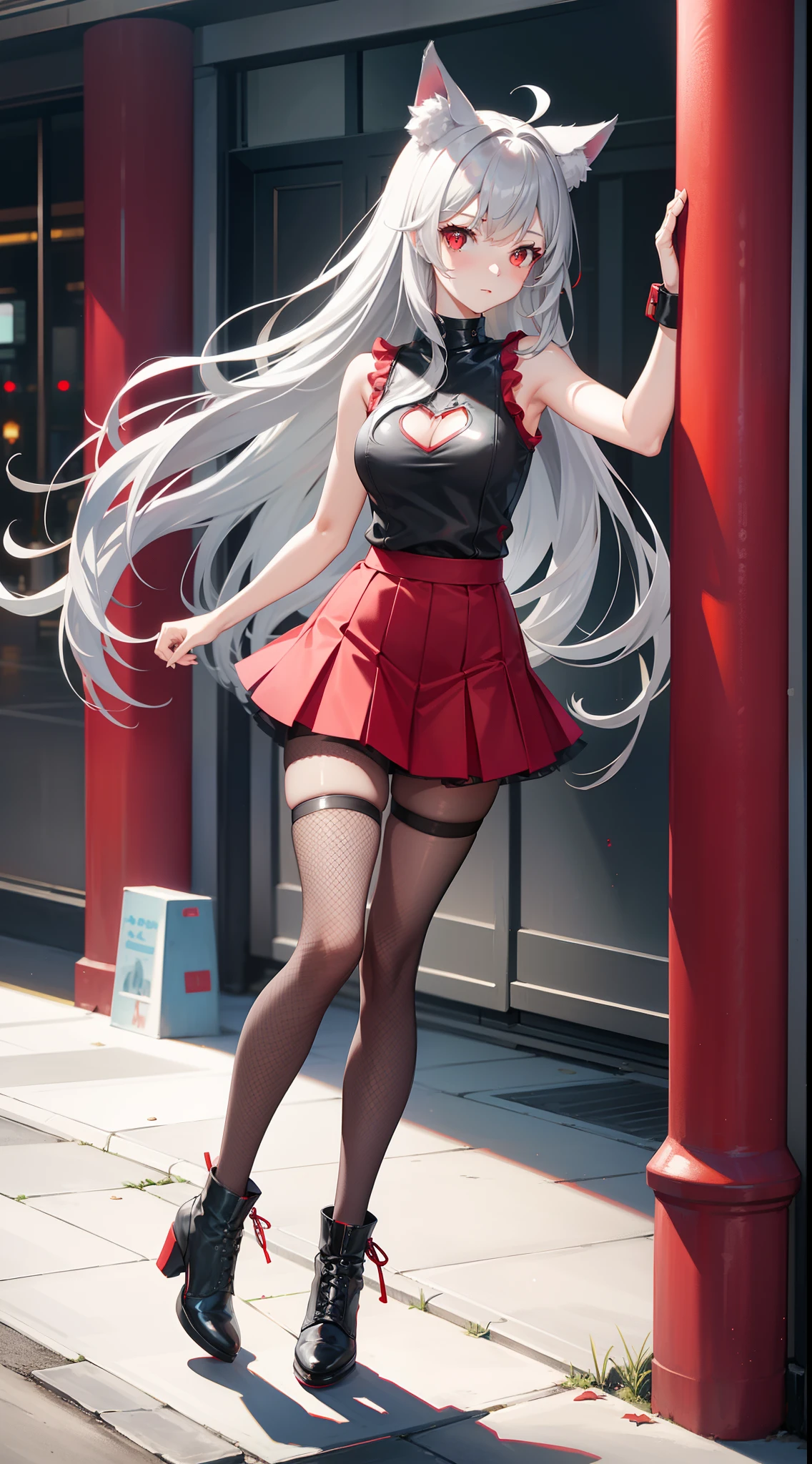 (highres,4k,8k,masterpiece:1.2), 1 girl, ((long flowing silver hair)), ((she is wearing a black unbuttoned sleeveless vest, with no under shirt, a vibrant pink skirt, and black thigh highs)), ((full body)). She is wearing elegant high heels, adding a touch of sophistication to her appearance, simple smile, eyeliner, long eyelashes, (cleavage), ((medium chest))