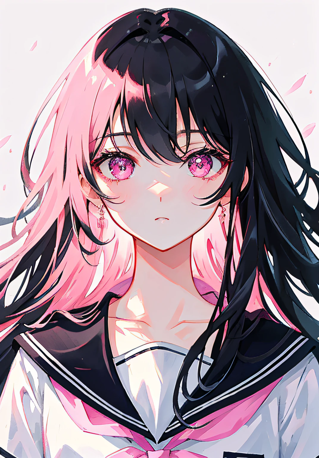 Masterpiece, Best quality, Ultra-detailed, illustration, Portrait, 1girll, black_Hair, Pink eyes, Long hair, school uniform,