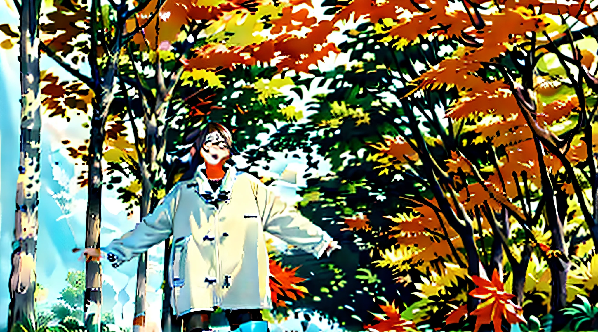 Woman in blue coat and black tights standing on the sidewalk, Wearing black-framed glasses,in fall, fall season, in fall, during fall, in fall, ,wind blowing leaves, In sunny weather, fall season, inspired by Liu Haisu, baotou china, warm and joyful atmosphere, she expressing joy,