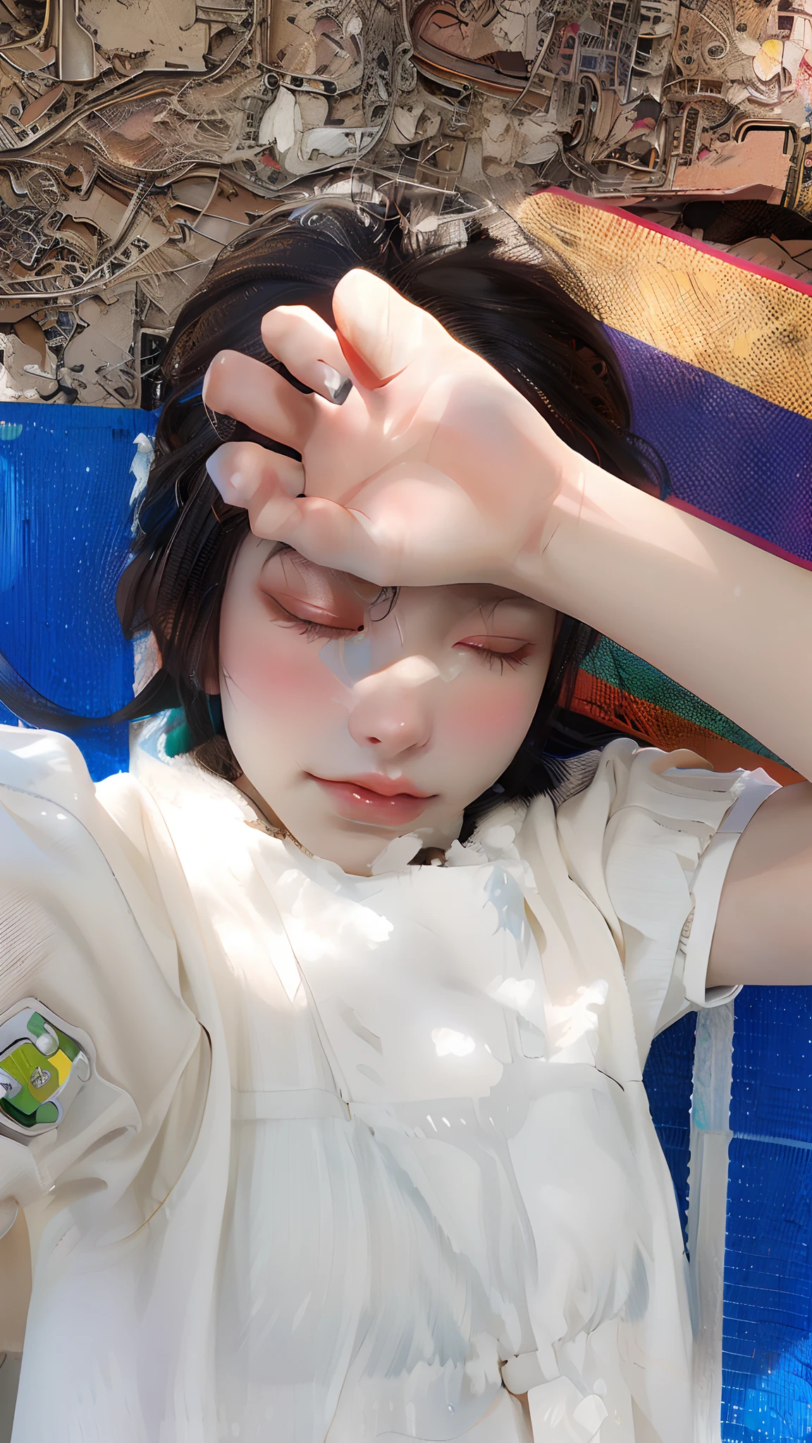 ((best qualtiy)), ((tmasterpiece)), (the detail:1.4), 。.3D, A beautiful cyberpunk female image,hdr（HighDynamicRange）,Ray traching,NVIDIA RTX,Hyper-Resolution,Unreal 5,Subsurface scattering、PBR Texture、post-proces、Anisotropy Filtering、depth of fields、maximum definition and sharpness、Many-Layer Textures、Albedo e mapas Speculares、Surface coloring、Accurate simulation of light-material interactions、perfectly proportions、rendering by octane、Two-colored light、largeaperture、Low ISO、White balance、the rule of thirds、8K raw data、Golden hair，Softens hair，Beautiful，A girl with closed eyes，Delicate facial features，Colorful background，advanced colors，Bright colors