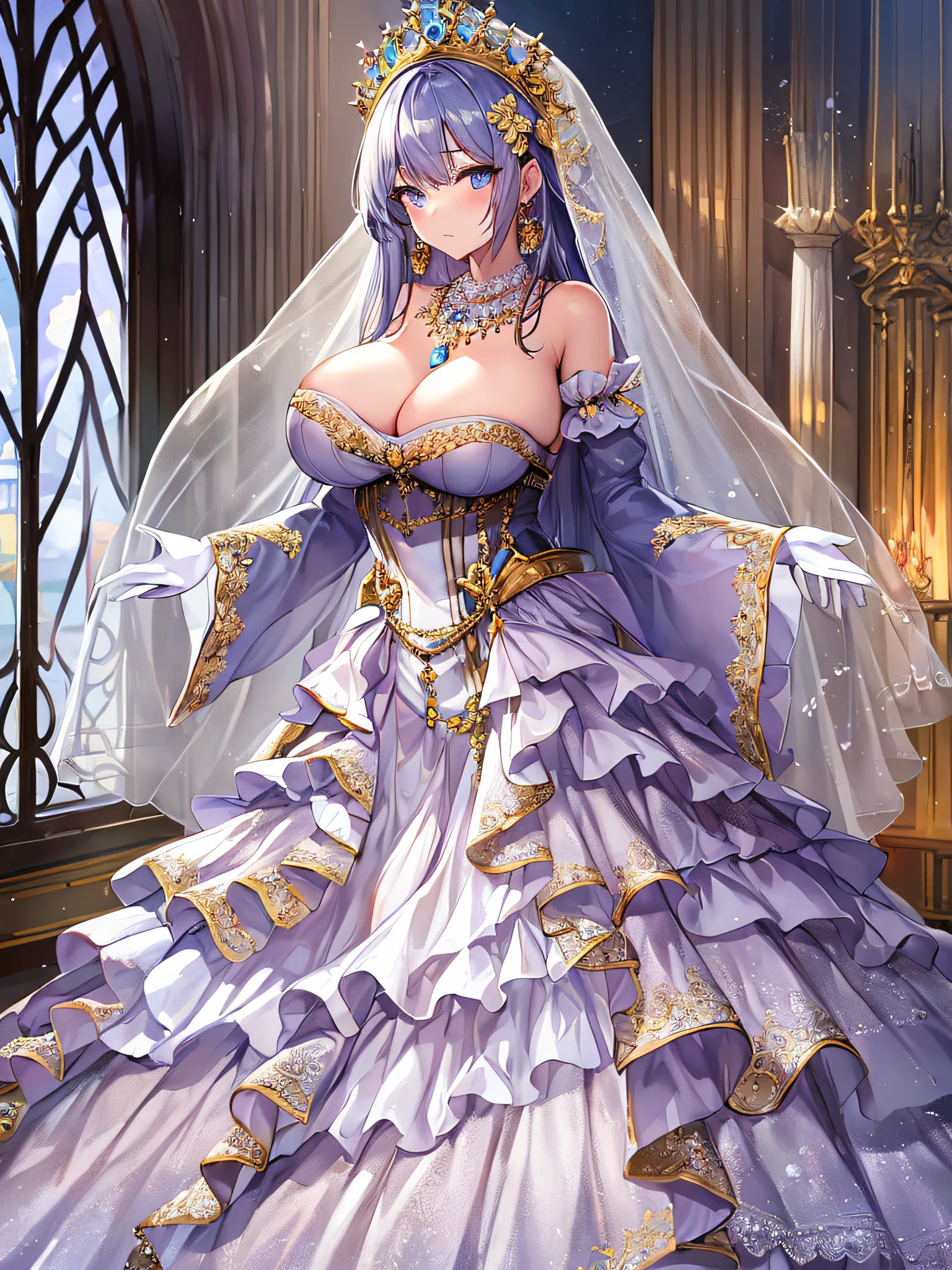 ((anime artstyle)),Best quality, Masterpiece,Solo,(full body),1 princess wearing a stately and elaborate royal wedding dress of white satin and tulle adorned with voluminous crinoline hoopskirt,(gigantic tits,Long tits,skindentation),(large amount of straight hair,extremely Long voluminous Hair),lace, frills,gorgeous embroidery and jewels, with enormous puffed sleeves, long train, long white gloves,  jeweled necklace and  jeweled earrings,long wedding veil