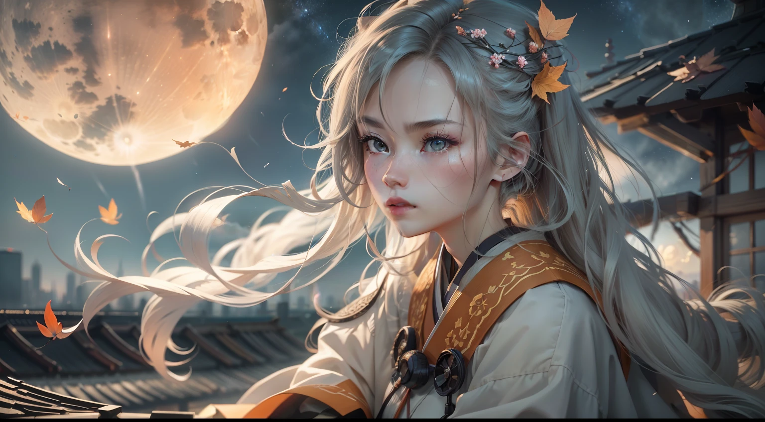 1 Close-up of a girl in Hanfu,sitting on rooftop,Overlooking the city,the night,starrysky, Orange moon,moonlight illumination,in a panoramic view, horizon, the roof, sitting on rooftop,autumn wind,Hair is floating in the wind,super wide shot,misterious,offcial art、epic landscapes、Soft lighting,tmasterpiece、high high quality、high detal、globalillumination、unreal engine rendered,Octane rendering,(hdr:1.3),realisticlying,very realistic,16k,