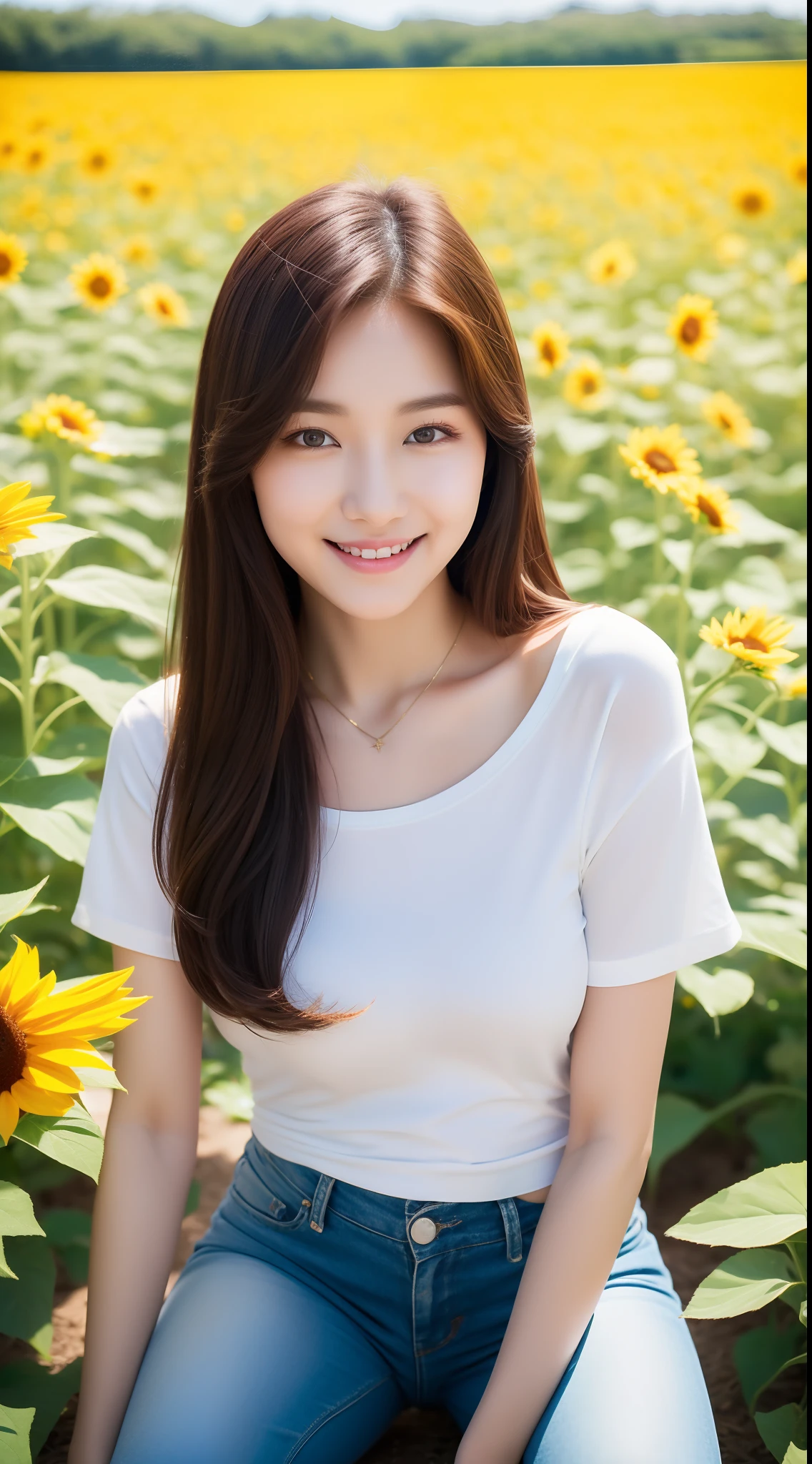 realistic photos of (1 cute Korean star) shoulder-length hair, white skin, thin makeup, 32 inch breasts size, slightly smile, wearing t-shirt, pants, kneeling on the sunflower field, chromatic aberration, 16k