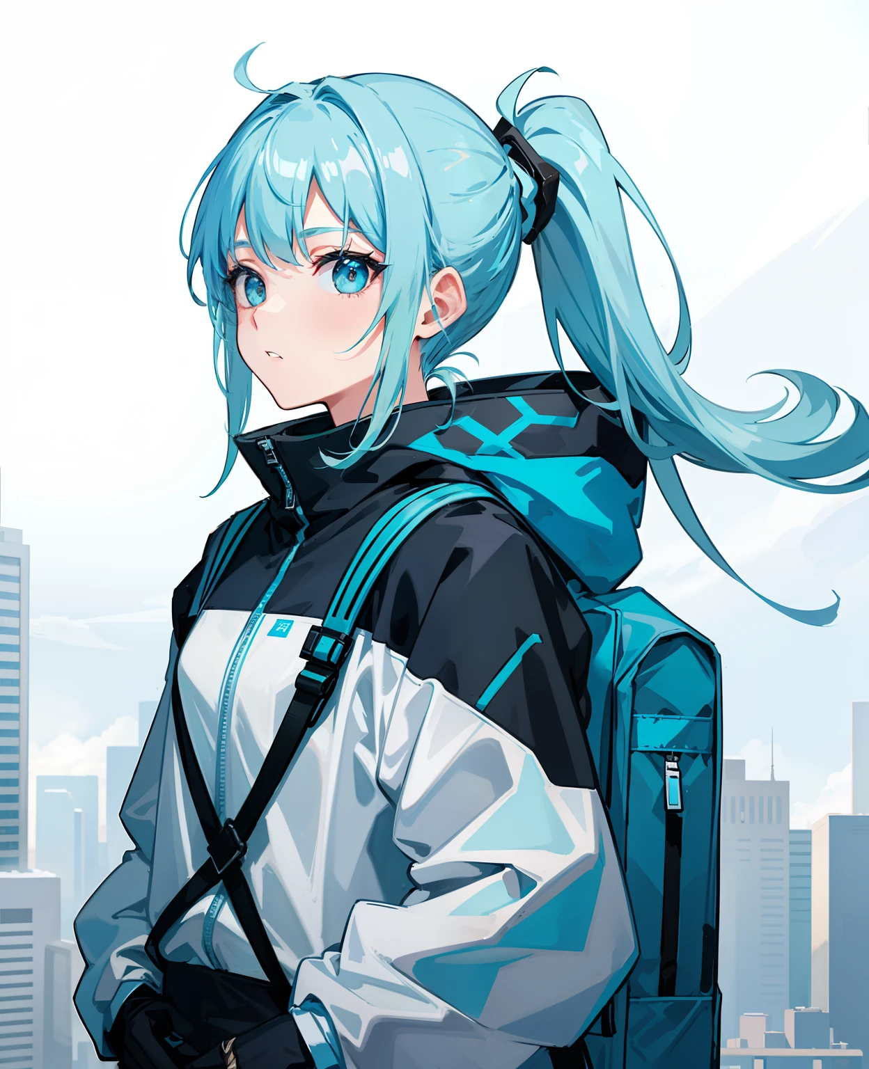 one-girl，Ice blue gradient ponytail，with long bangs，black facemask，Storm jacket，Carrying a rucksack，looking to the camera