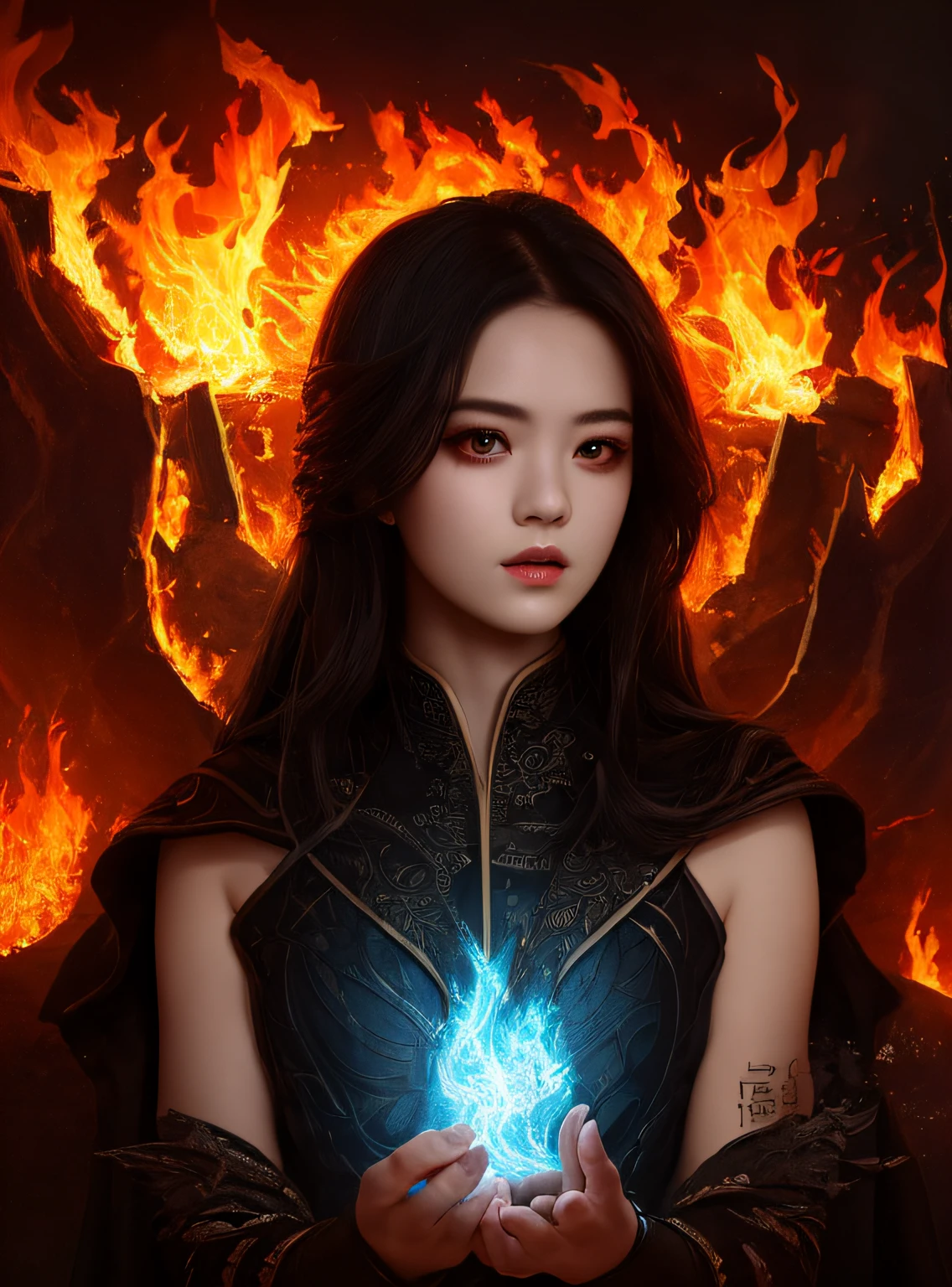 1girl,solo,masterpiece, best quality,fantasy,dark,shadow,
face is important,boy is important,eyes are important,rThe character is the main body of the work,(upper body),
flames,ruins, swirling magic,