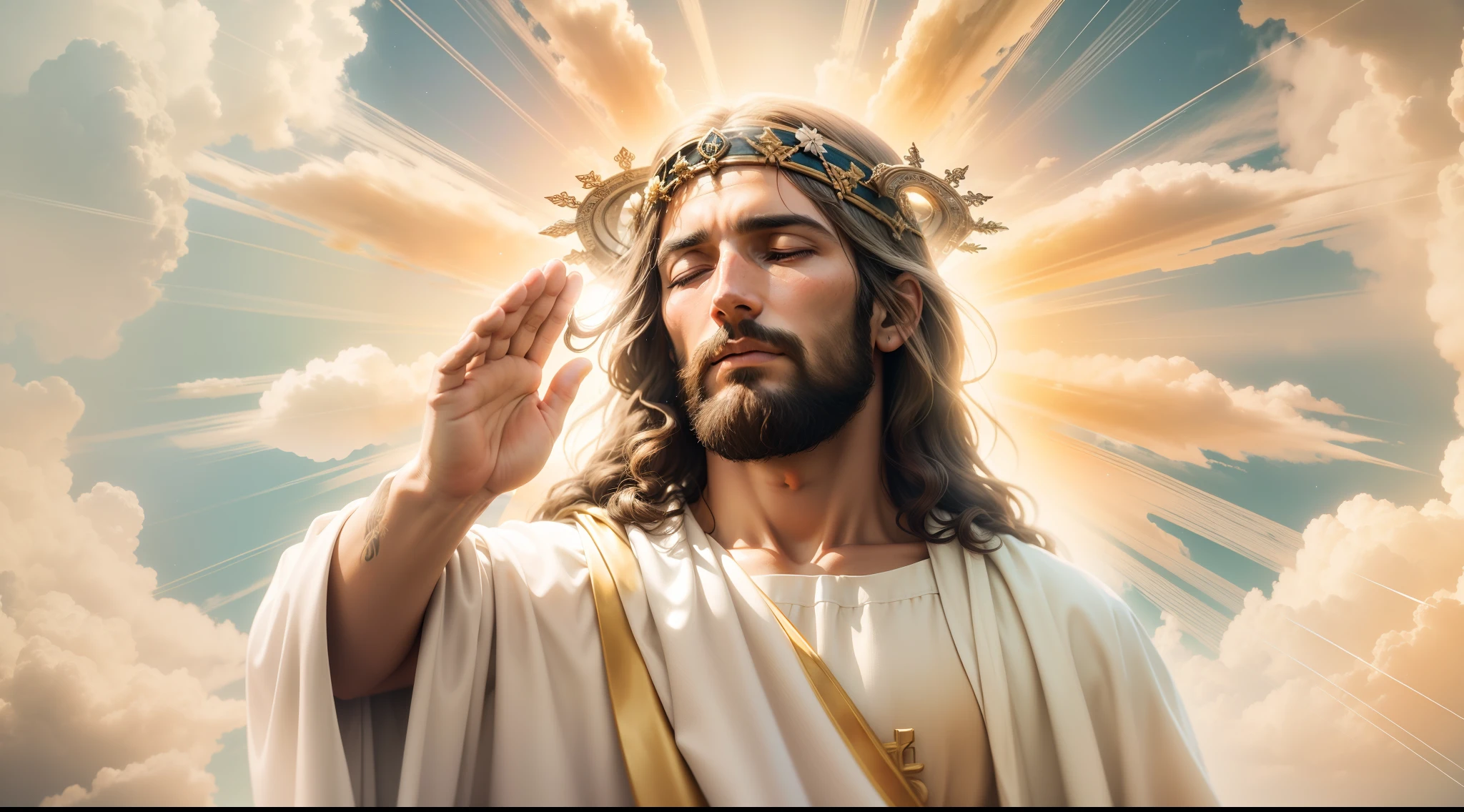 Closeup of an image of Jesus Christ praying and blessing, perfeito, Reslistic, Biblical setting, celestial scenery, sol e nuvens ultras realistas, flores e velas, Jesus enlightened from heaven