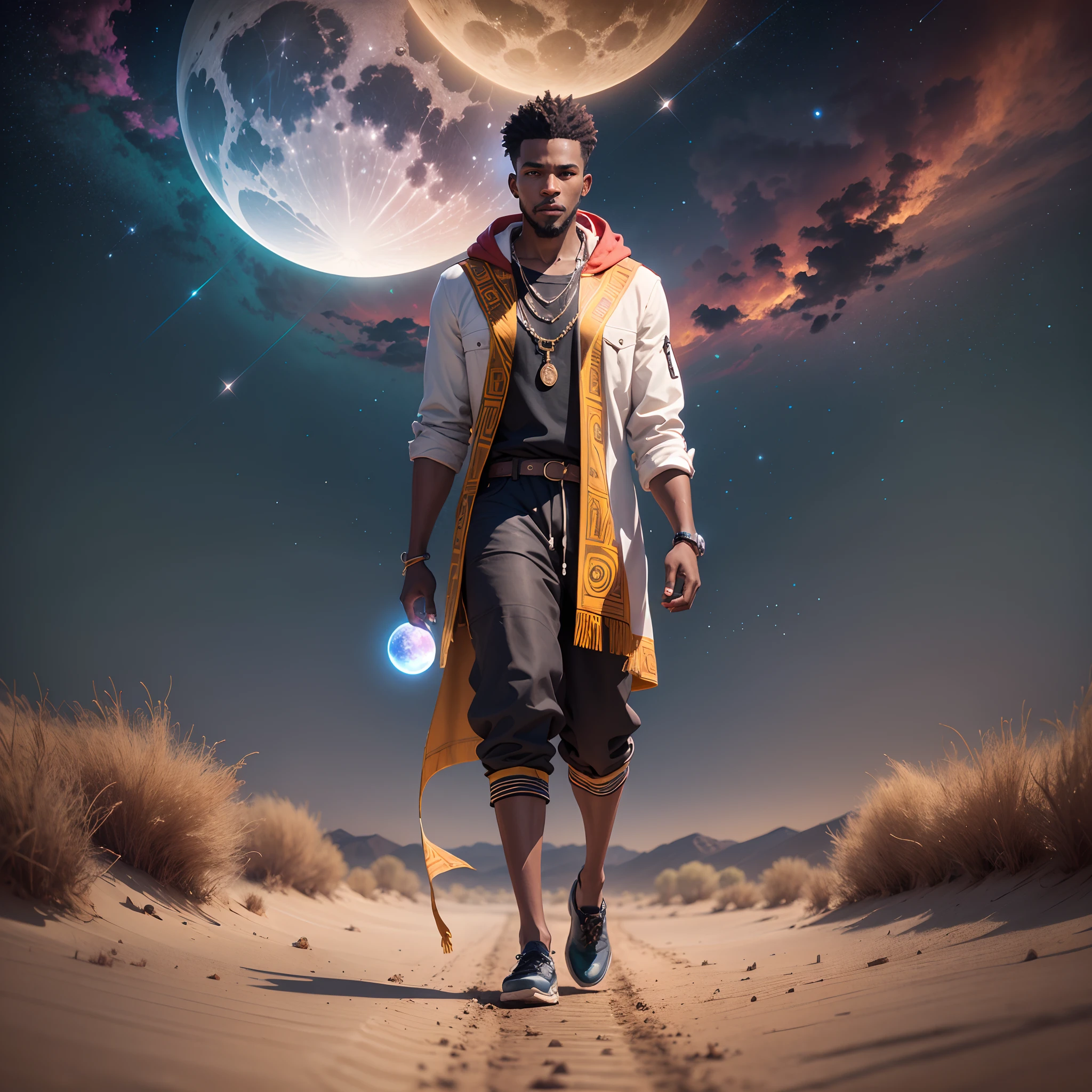 a beautiful African man walking in a desert with a black  boy, african man holding a hand of a five yearck boy, sky in the desert surrounded by psychedelic galaxies with melting moon and stars,shining with iridescent light, photorealistic image, 8k, ultra HD, cgsociety 9, revanimated v1.2.2, cinematic lighting, cinematic shot, --auto --s2