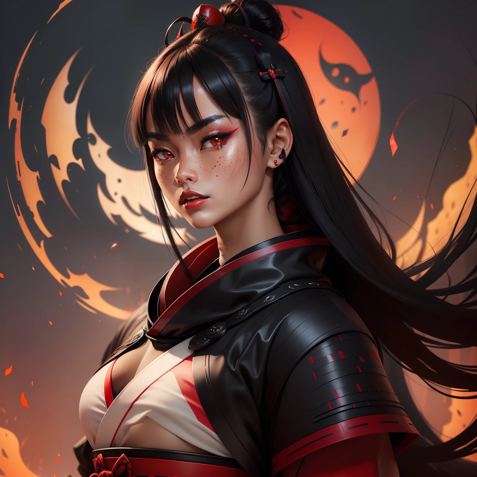 Female samurai warrior, jet black hair, dark skinned tanned, red black, bright moon, freckles on the face, red lipstick, full body, no extra hair, diamond shaped face, cover top, black eyeballs, geisha warrior, brown tan skinned, sexy hair style, extravagant outfit