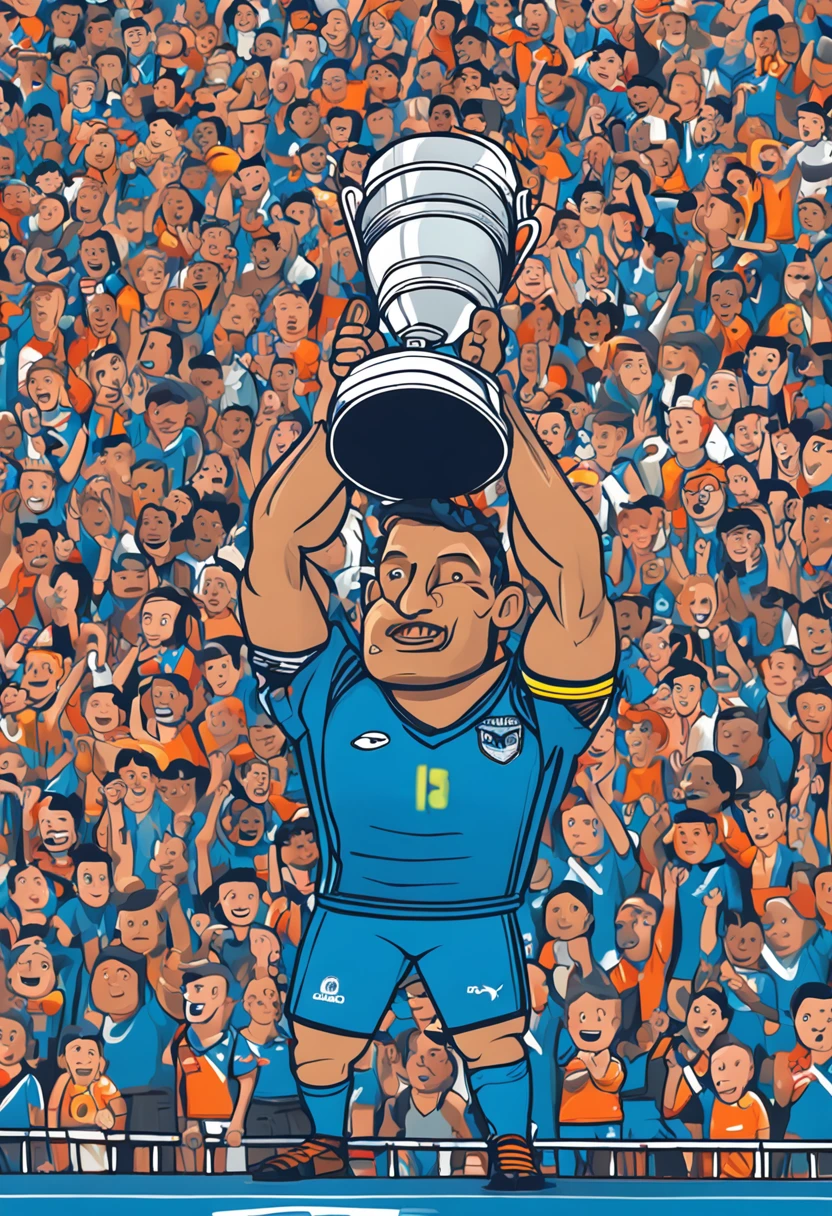 Crowded football stadium in the background, The goalkeeper lifting the cup, Physical on male day, alto e, biceped, Abs, chest, camisa azul de gola alta fria, mangas curta, bermuda azul, blue midgets, chuteiras da puma azul, luvas de goleiro azul da puma, barba grossa, cara fria, estilo de videogames, high resolution:1.2, best quality, master part, Noite escura, atmosfera escura, inverno, Nevando, Sombra, trave e bola na parte superior do corpo