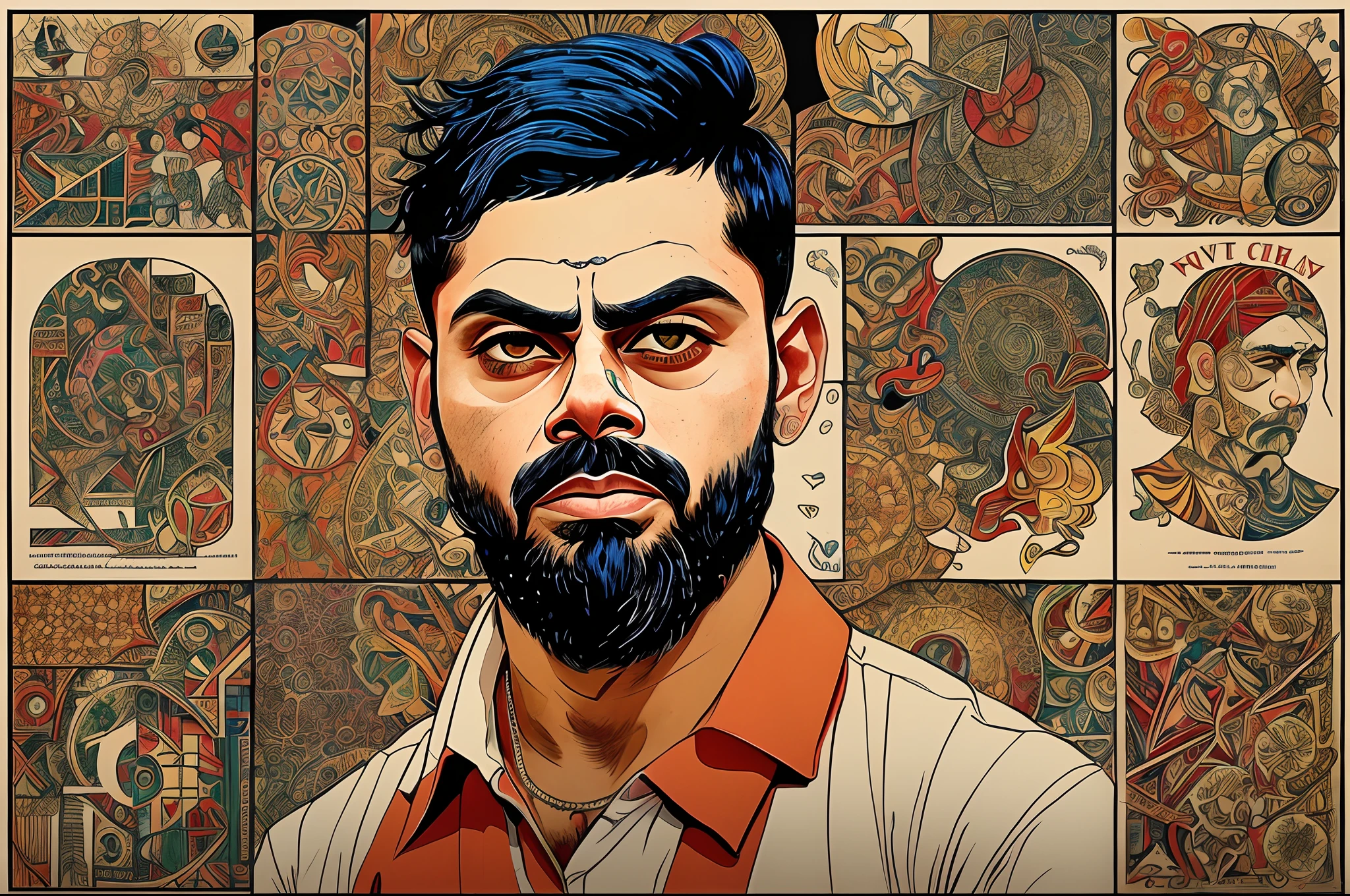 Virat kohli, visually divided by 4 panels, different colors in each panel, retro esoteric artist collage, double exposure, intricate details --auto --s2