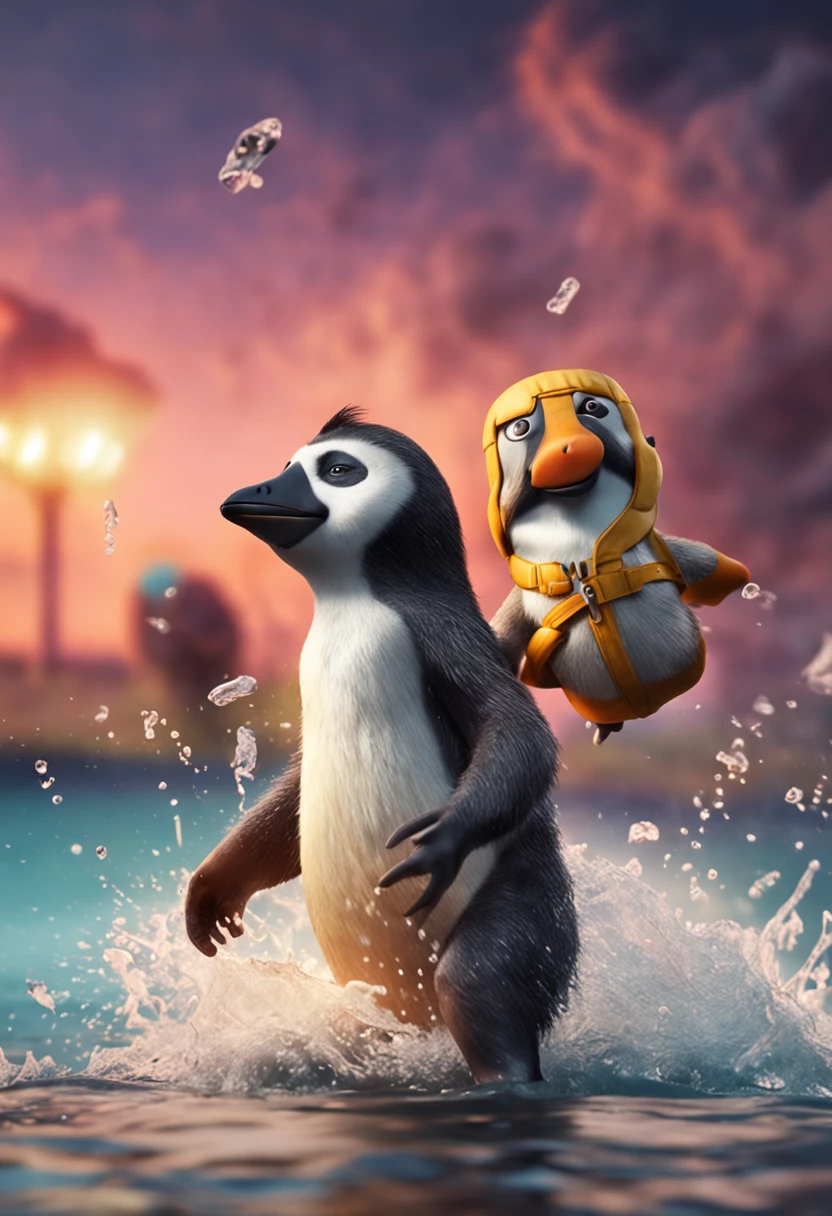 a mokey and a penguin doing a water fight