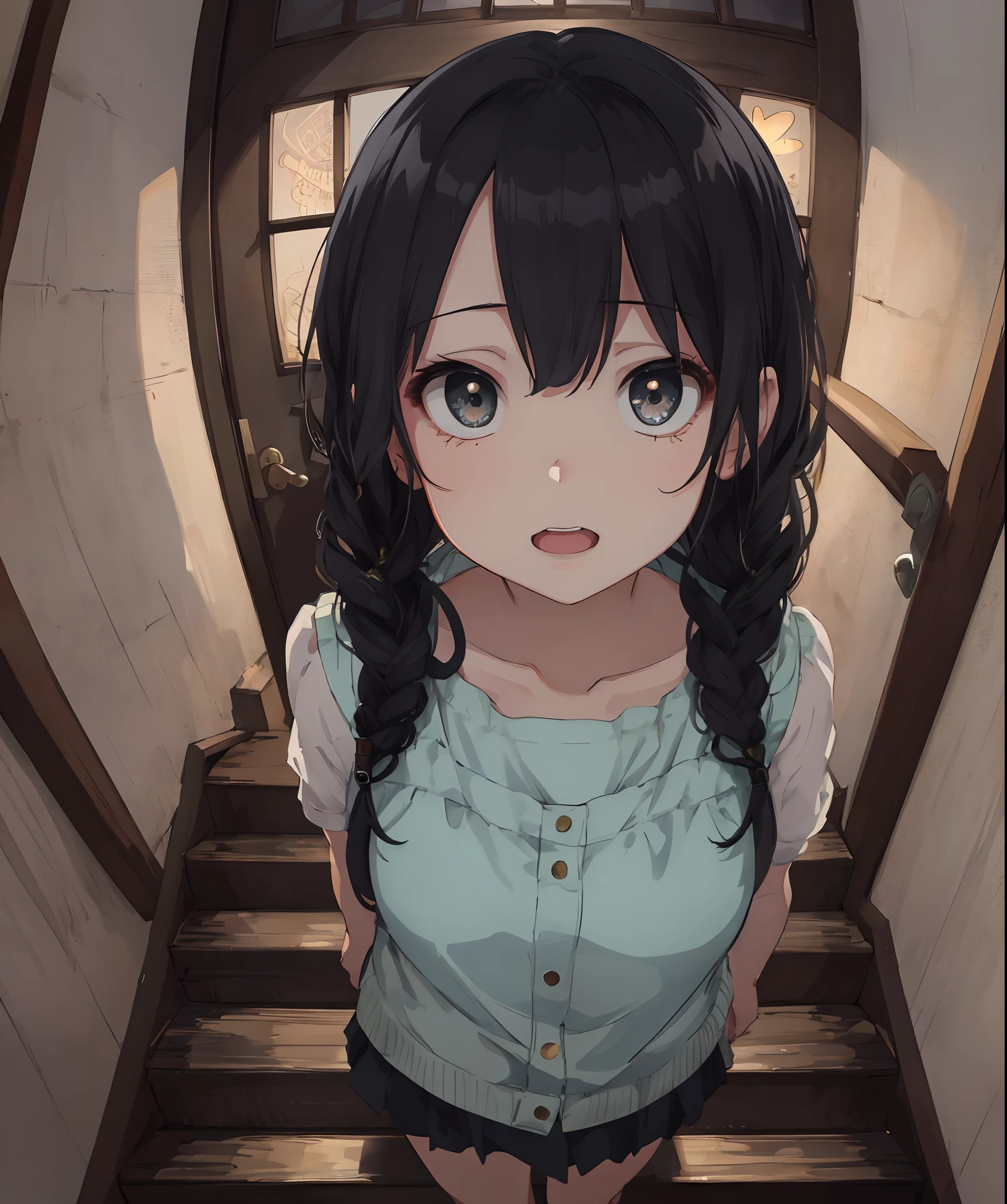 masterpiece, best quality, ultra-detailed, illustration, an extremely delicate and beautiful, cute, girl, energetic, active, anime, 1girl, cute, soft lighting, black hair, fisheye lens,stairs, labyrinth, Mysterious world, Alice, door, incandescent bulb