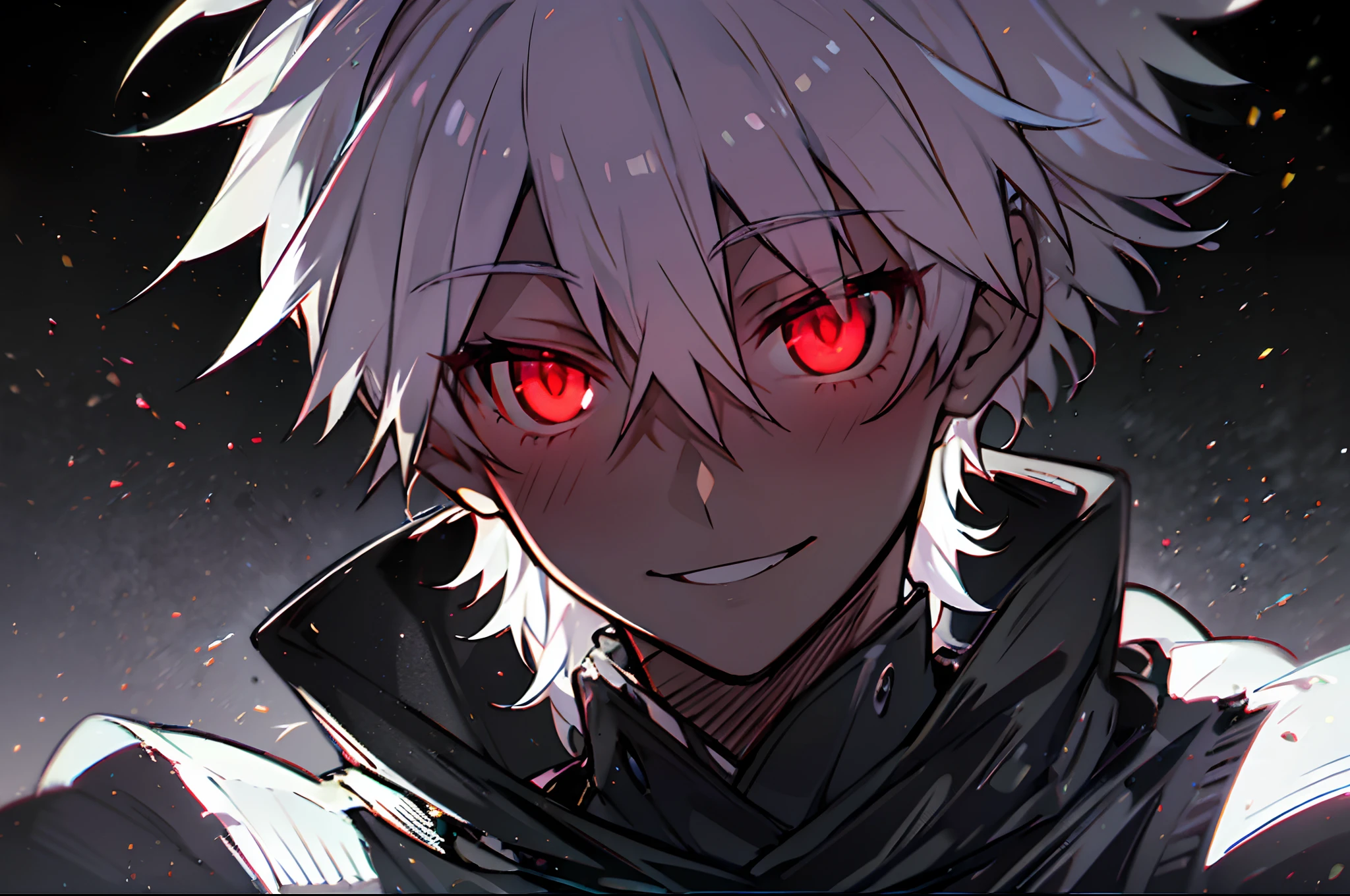 ((One Person)),Anime boy with white hair and red eyes staring at camera, Glowing red eyes,slim, dressed in a black outfit,Shadow Body,de pele branca,monochromes,hair messy,Bad smile,Diagonal angle,