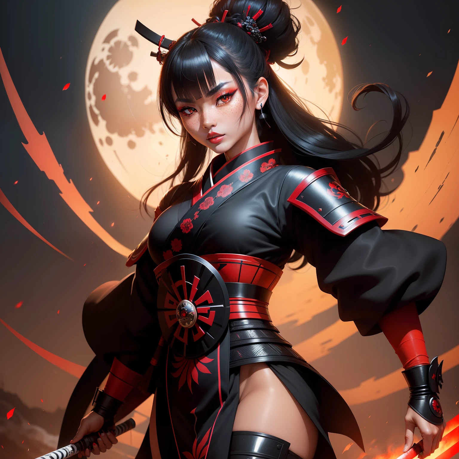 Female samurai warrior, jet black hair, dark skinned tanned, red black, bright moon, freckles on the face, red lipstick, full body, no extra hair, diamond shaped face, cover top, black eyeballs, geisha warrior, brown tan skinned, sexy hair style, extravagant outfit
