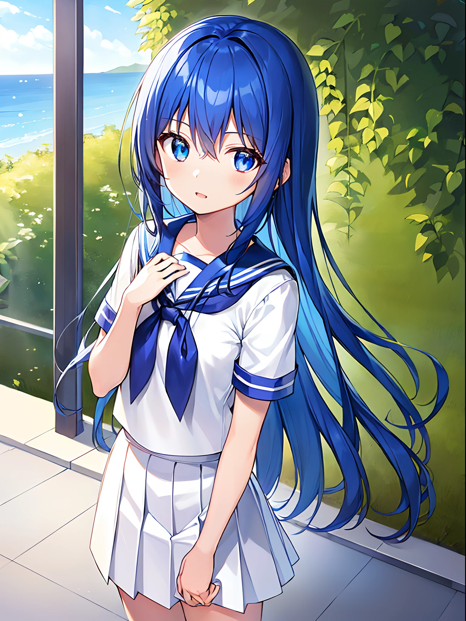 (((The ultra -The high-definition))), (((An ultra-high picture quality))), 独奏, One girl, Very cute, Moe Anime Style, Delicat eyes, ( Girl:1.5), (very modest chest:1.3), (saturated blue hair:1.2), (Straight long hair:1.2), (Long straight sideburns:1.1), (blue eyess:1.2), (A little sagging eyes:1.3), Smiled face, Big open mouth, Inside the school building, is standing, White sailor suit Short sleeve sailor suit, Separate sailor suit and skirt,