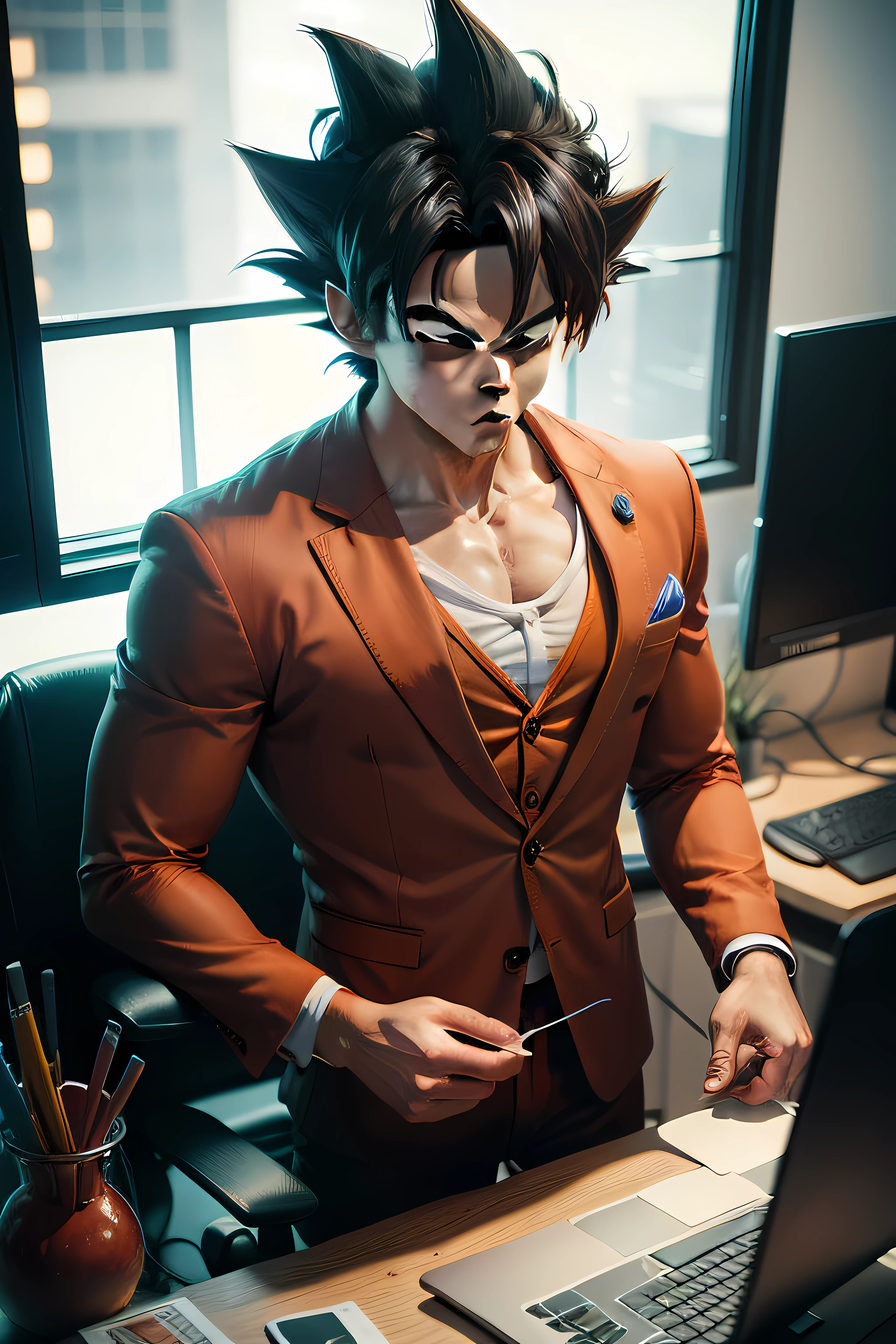 Goku from Dragon Ball, super realistic, 8k, working on the computer working with digital marketing in a suit.