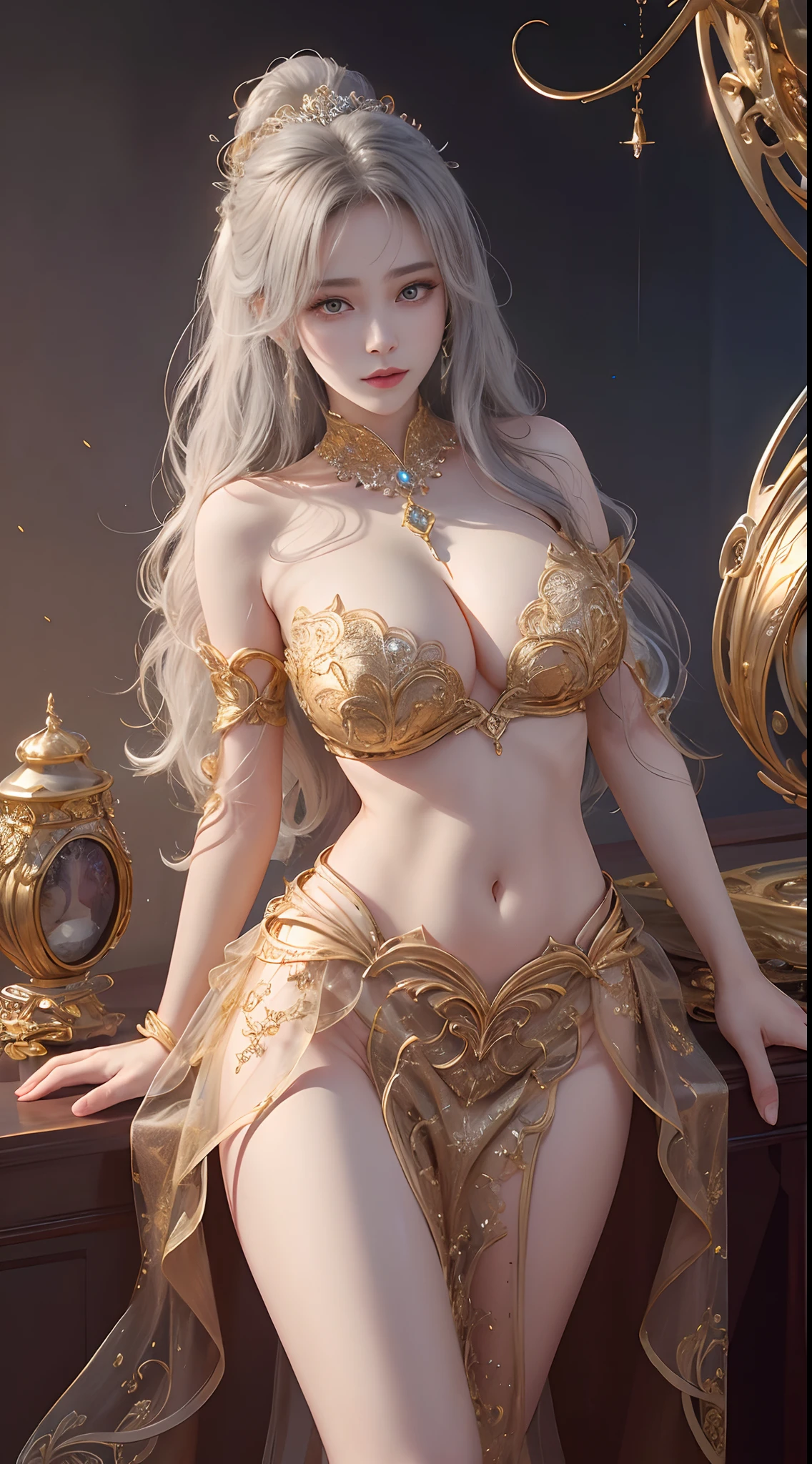 Woman in a golden transparent dress,view the viewer,(((Huge breasts, Large cleavage))),Slim waist,(navel baring,Bare waist), Long hair, Ultra-detailed details,High-end Zhenyi station, Rainstorm site, detailed fantasy art, Stunning character art, Beautiful and exquisite character art, Beautiful gold and silver armor, Extremely detailed, Girl in shiny armor, Exquisite tiaras and jewelry,Crystal jewelry filigree, milky ways, Stunning visuals, (dynamic streaks, light tracks:1.2), Vibrant colors,