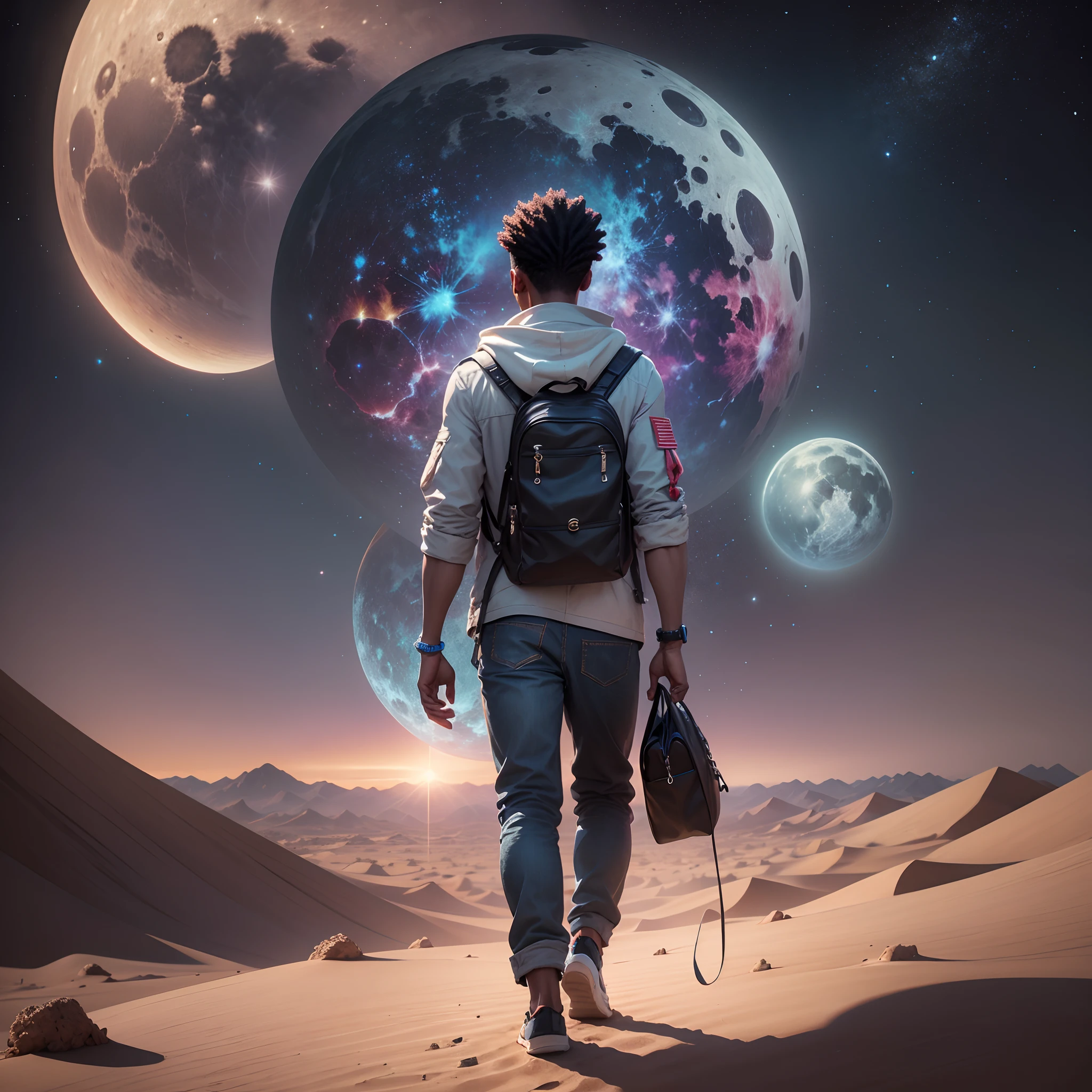 a beautiful African man walking in a desert with a black baby boy, african man holding a hand of a five year baby black boy, sky in the desert surrounded by psychedelic galaxies with melting moon and stars,shining with iridescent light, photorealistic image, 8k, ultra HD, cgsociety 9, revanimated v1.2.2, cinematic lighting, cinematic shot, --auto --s2