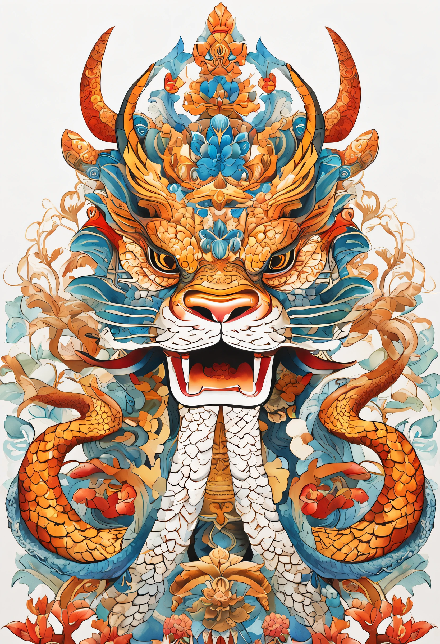 (White background:1.4),(Symmetrical:1.5),(Masterpiece giant python head, In the middle, Oriental elements),（China - chic illustration:1.2, Vector painting:1.2),(Chinese colors,senior color matching),( reasonable design, Clear lines, High sharpness,Best quality, Very detailed, Masterpiece, offcial art, movie light effect, 4K )