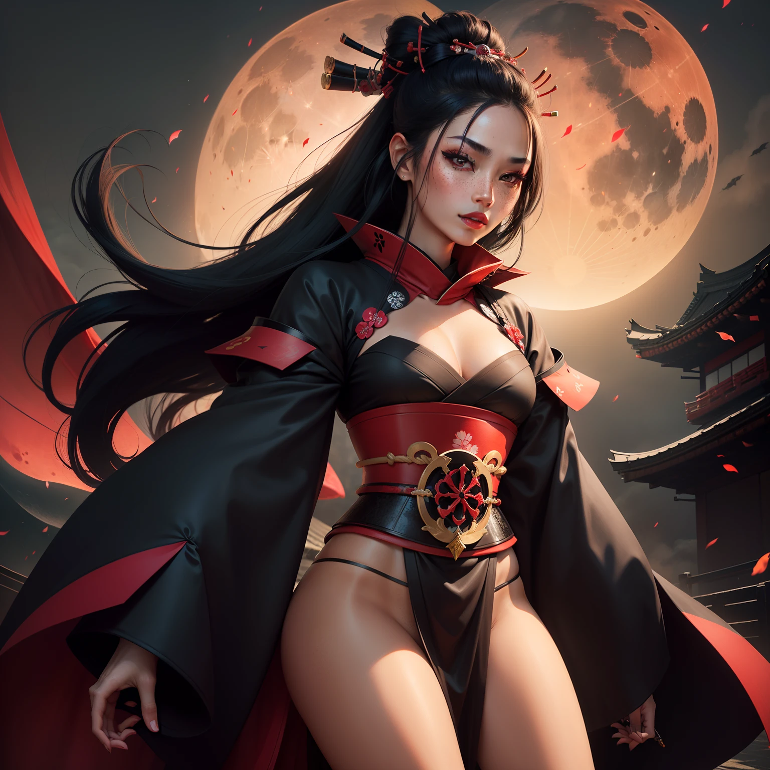 Female samurai warrior, jet black hair, dark skinned tanned, red black, bright moon, freckles on the face, red lipstick, full body, no extra hair, diamond shaped face, cover top, black eyeballs, geisha warrior, brown tan skinned, sexy hair style, extravagant outfit