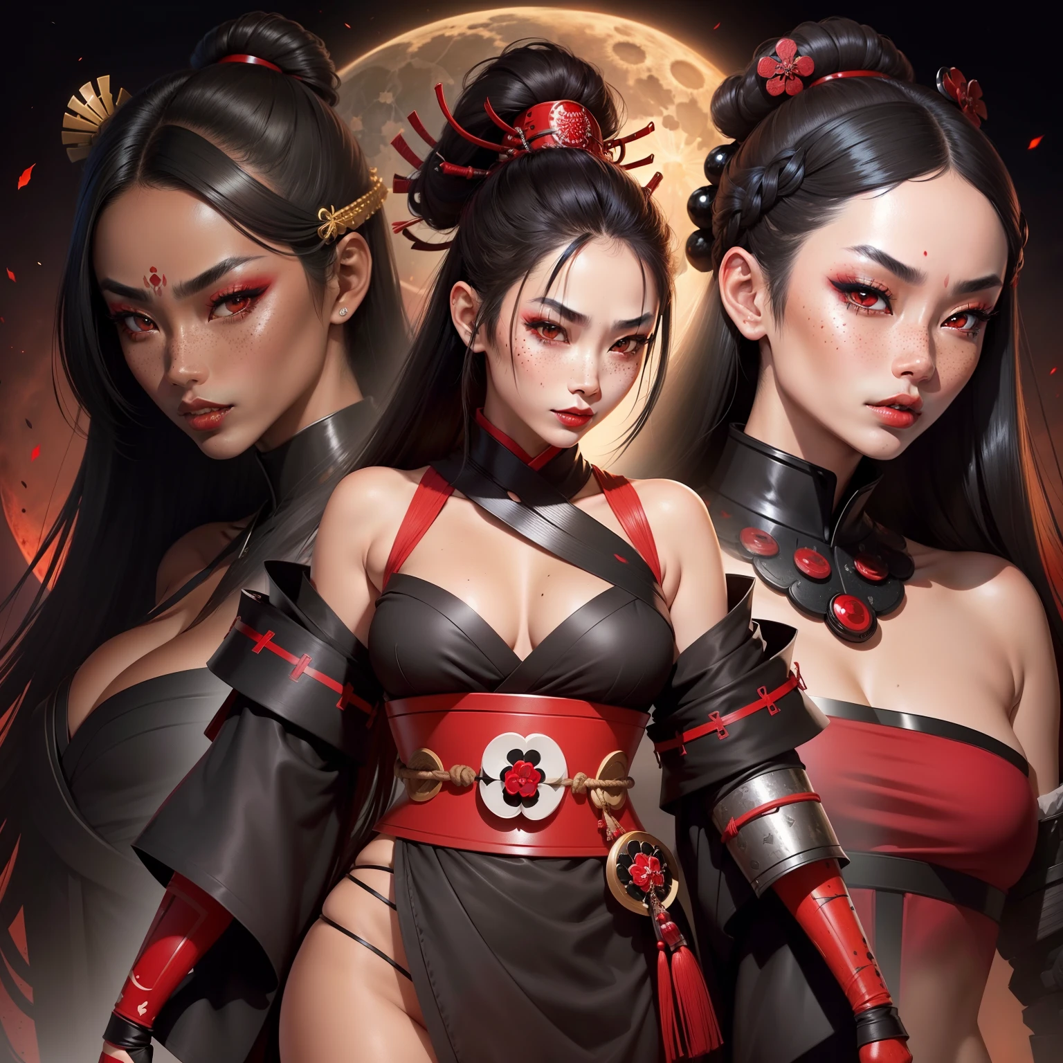 Female samurai warrior, jet black hair, dark skinned tanned, red black, bright moon, freckles on the face, red lipstick, full body, no extra hair, diamond shaped face, cover top, black eyeballs, geisha warrior, brown tan skinned, sexy hair style, extravagant outfit