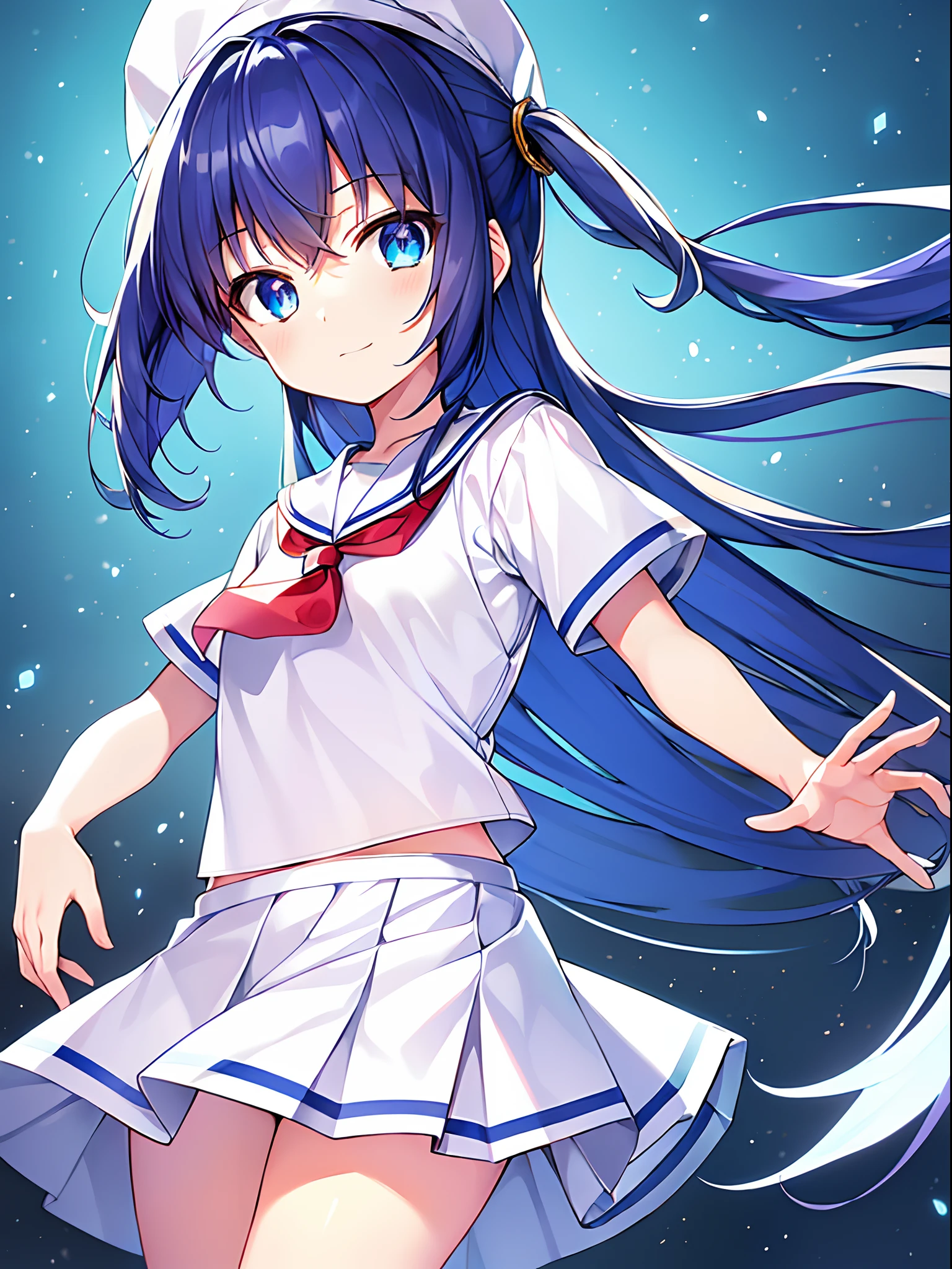 (((The ultra -The high-definition))), (((An ultra-high picture quality))), 独奏, One girl, Very cute, Moe Anime Style, Delicat eyes, (Little Girl:1.5), (very modest chest:1.3), (saturated blue hair:1.2), (Straight long hair:1.2), (Long straight sideburns:1.1), (blue eyess:1.2), (A little sagging eyes:1.3), Super smile , (Face with closed mouth:1.2), White sailor suit Short sleeve sailor suit, Separate sailor suit and skirt,