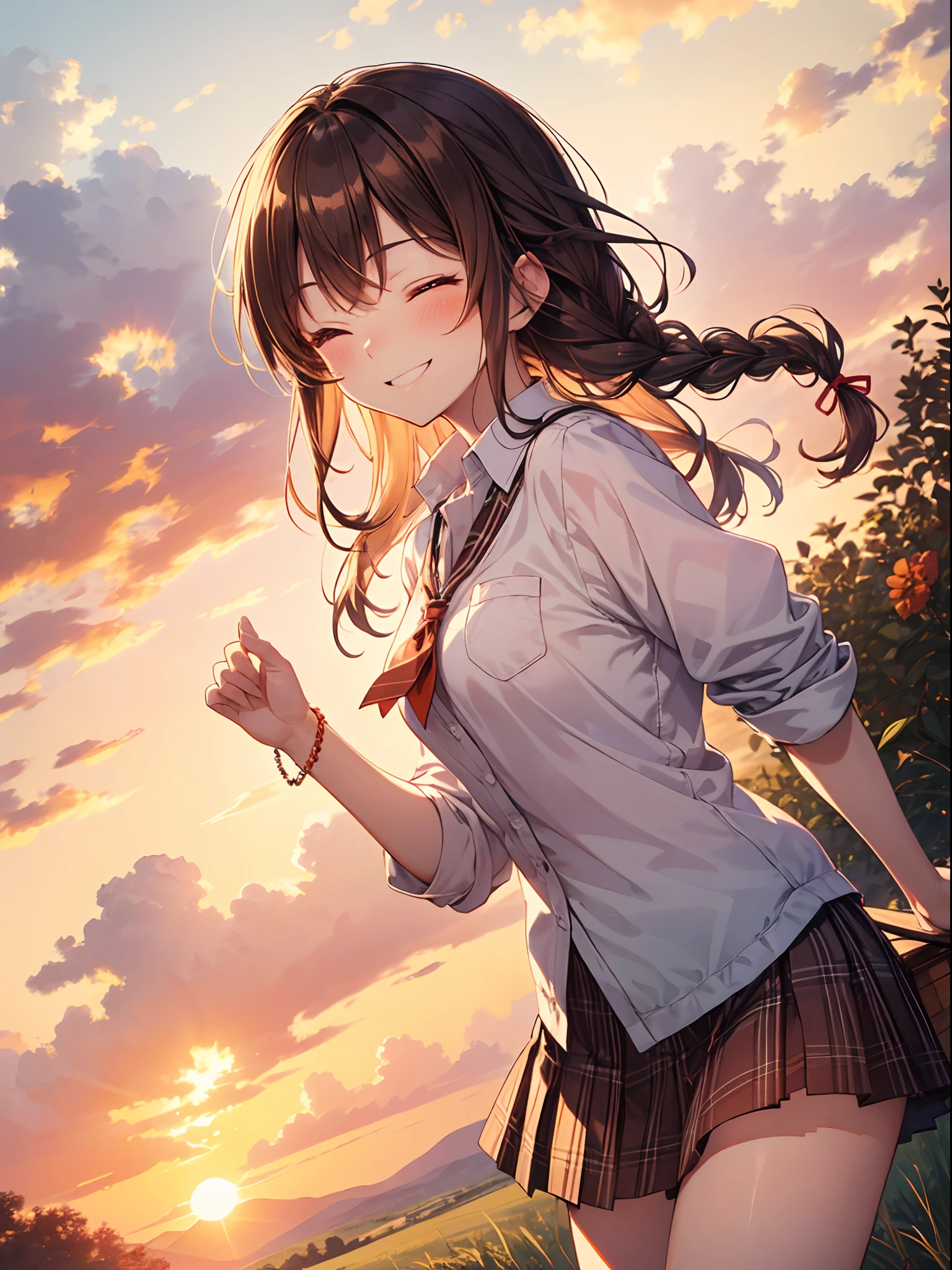 Top Quality, Best Masterpiece, 1 Woman, Solo, 20 Years Old, Low Angle, (One Eye Closed: 1.4), Happy Smile, Close Your Mouth, Brown Single Braid, White School Uniform, Black Socks, Plaid Skirt, Blushing, Red Eye, Evening, Lots of Countryside, Big Sunset, Orange View, Small Necklace,