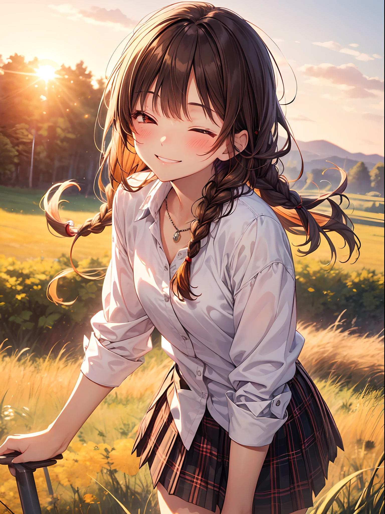 Top Quality, Best Masterpiece, 1 Woman, Solo, 20 Years Old, Low Angle, (One Eye Closed: 1.4), Happy Smile, Close Your Mouth, Brown Single Braid, White School Uniform, Black Socks, Plaid Skirt, Blushing, Red Eye, Evening, Lots of Countryside, Big Sunset, Orange View, Small Necklace,
